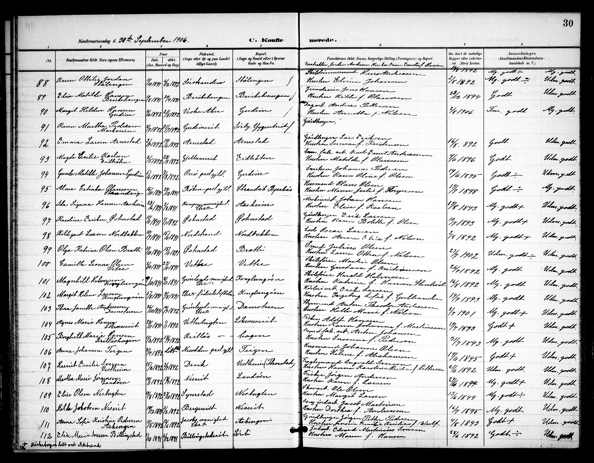 Asker prestekontor Kirkebøker, SAO/A-10256a/F/Fa/L0016: Parish register (official) no. I 16, 1900-1917, p. 30