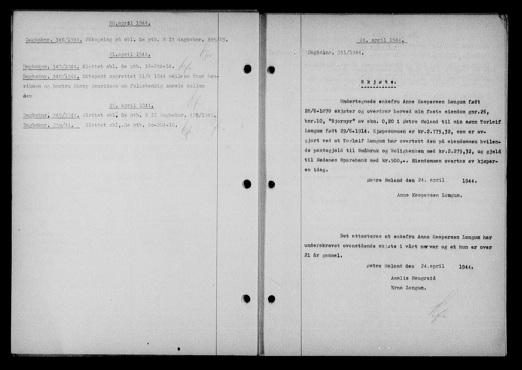 Nedenes sorenskriveri, SAK/1221-0006/G/Gb/Gba/L0051: Mortgage book no. A-V, 1943-1944, Diary no: : 351/1944