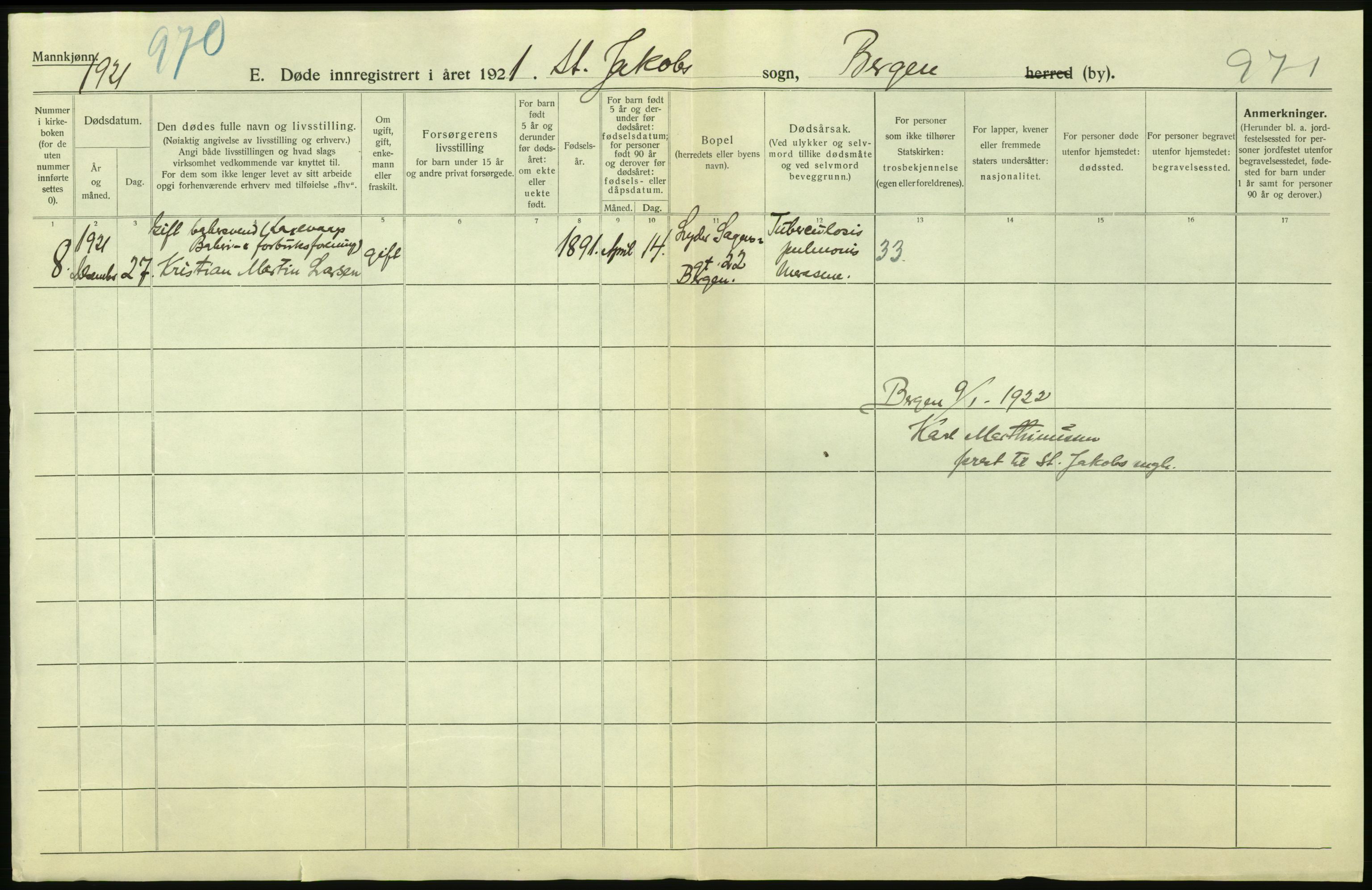 Statistisk sentralbyrå, Sosiodemografiske emner, Befolkning, AV/RA-S-2228/D/Df/Dfc/Dfca/L0036: Bergen: Døde., 1921, p. 204