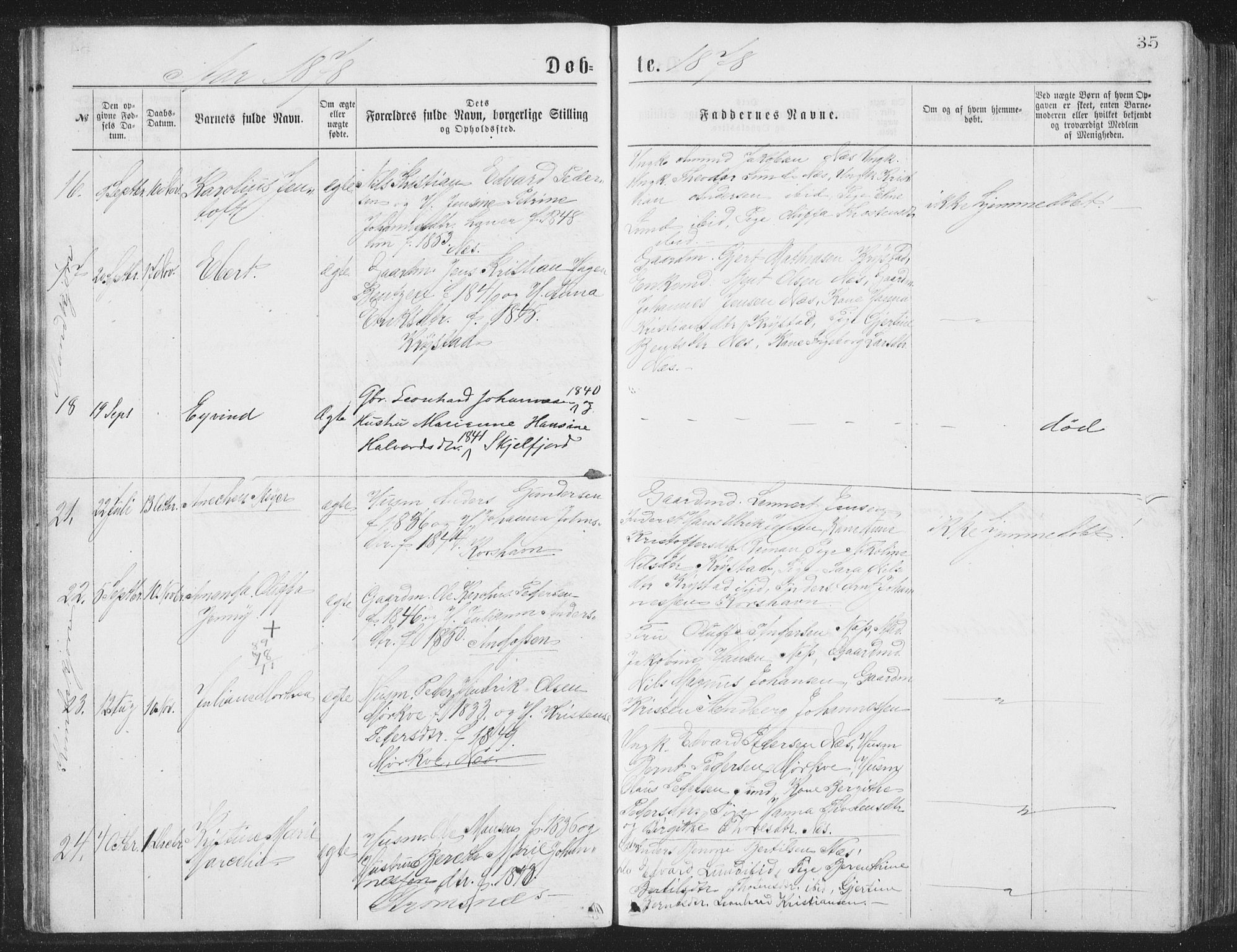 Ministerialprotokoller, klokkerbøker og fødselsregistre - Nordland, AV/SAT-A-1459/885/L1213: Parish register (copy) no. 885C02, 1874-1892, p. 35