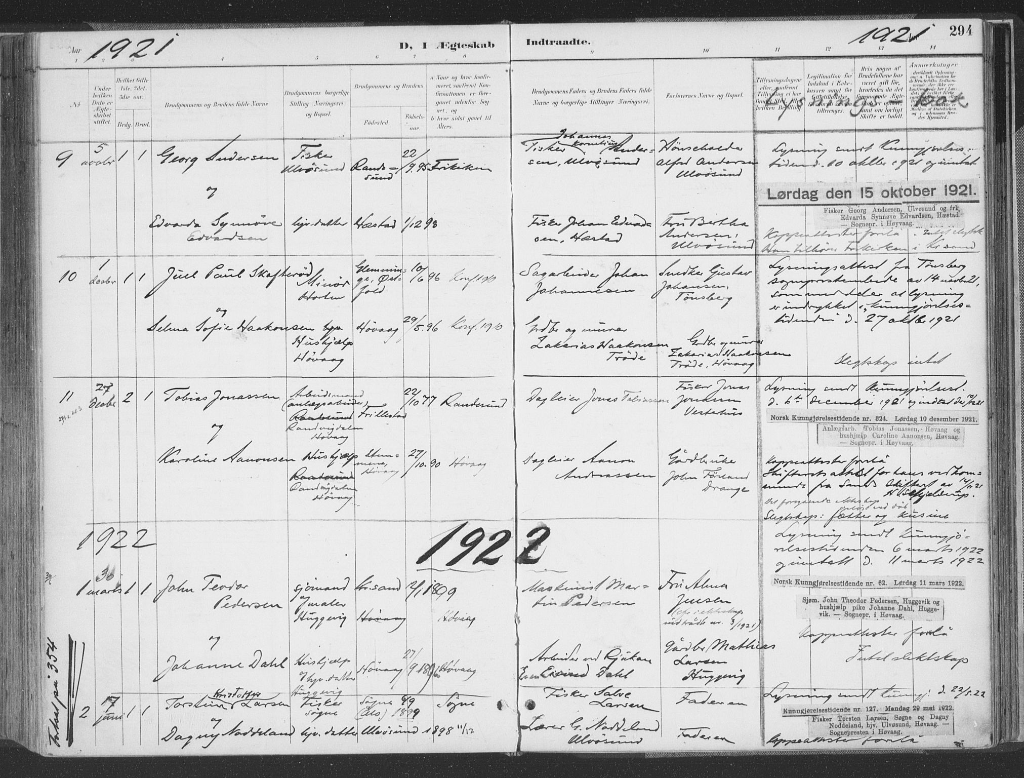 Høvåg sokneprestkontor, AV/SAK-1111-0025/F/Fa/L0006: Parish register (official) no. A 6, 1894-1923, p. 294