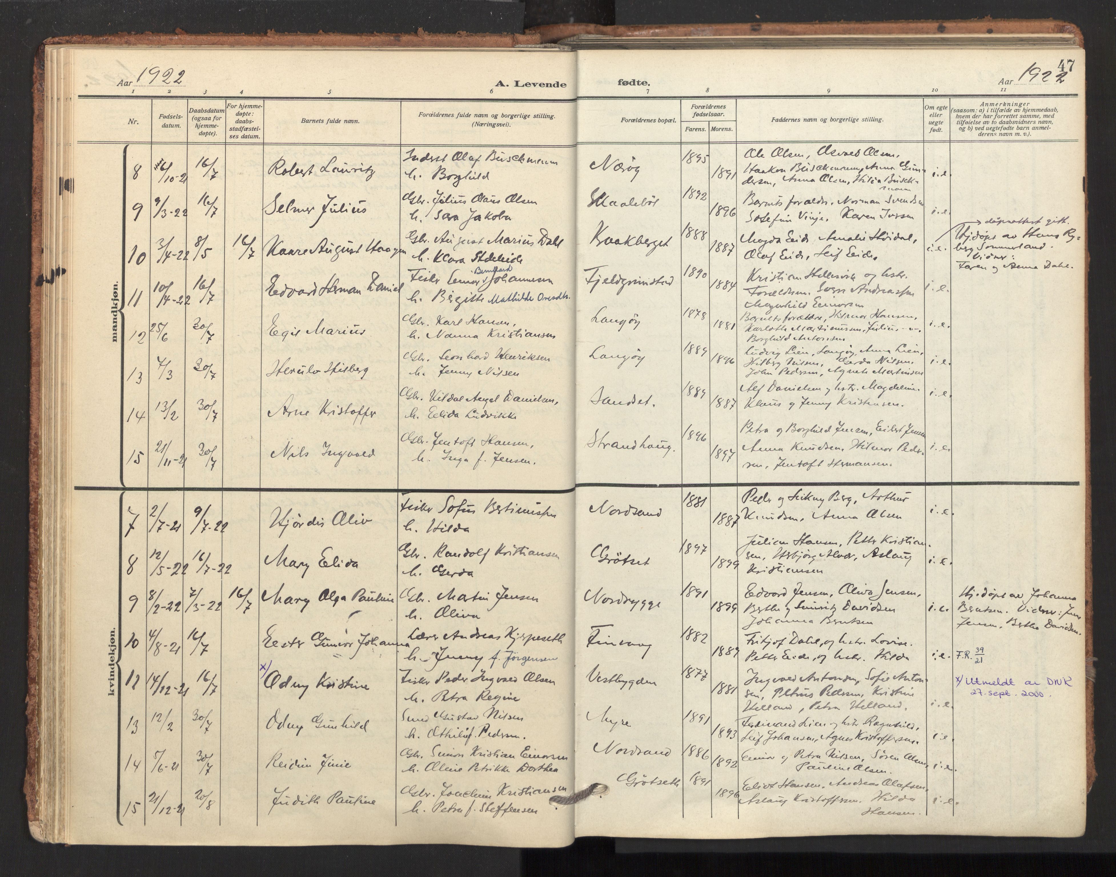 Ministerialprotokoller, klokkerbøker og fødselsregistre - Nordland, SAT/A-1459/893/L1343: Parish register (official) no. 893A15, 1914-1928, p. 47