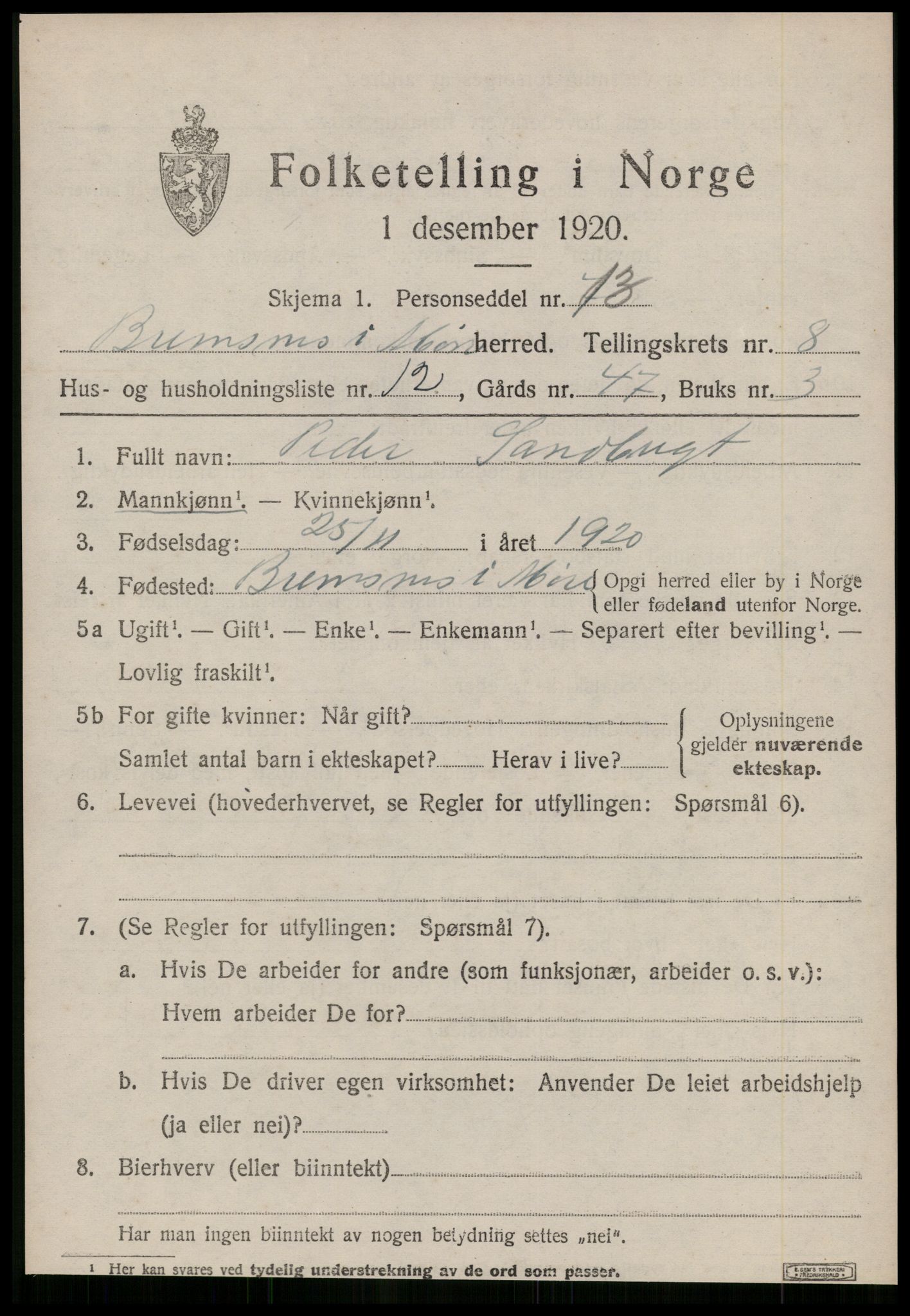 SAT, 1920 census for Bremsnes, 1920, p. 6875