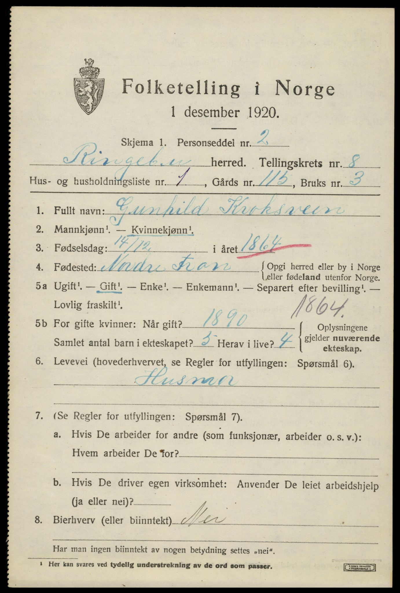 SAH, 1920 census for Ringebu, 1920, p. 8007