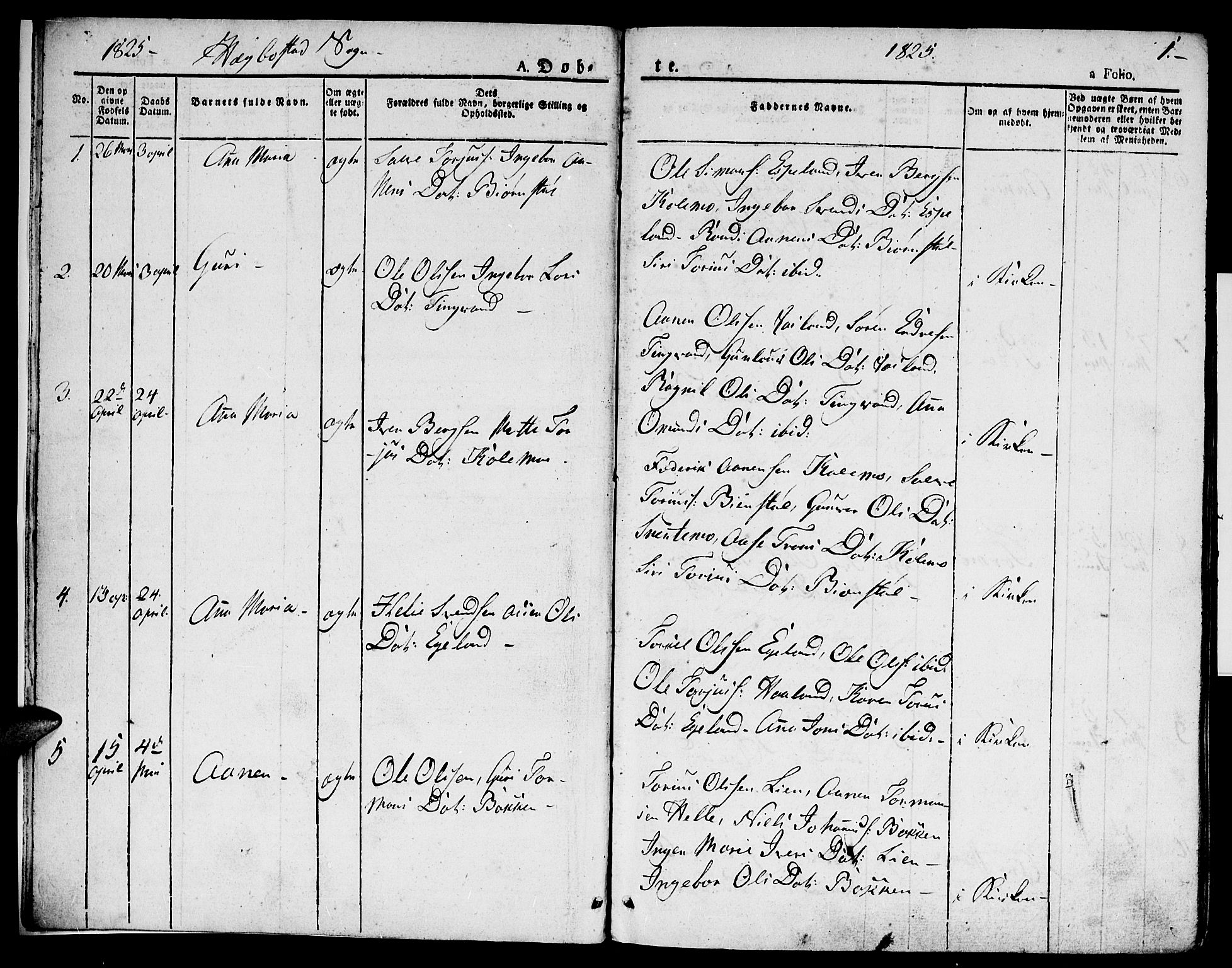 Hægebostad sokneprestkontor, AV/SAK-1111-0024/F/Fa/Faa/L0003: Parish register (official) no. A 3 /1, 1825-1834, p. 1