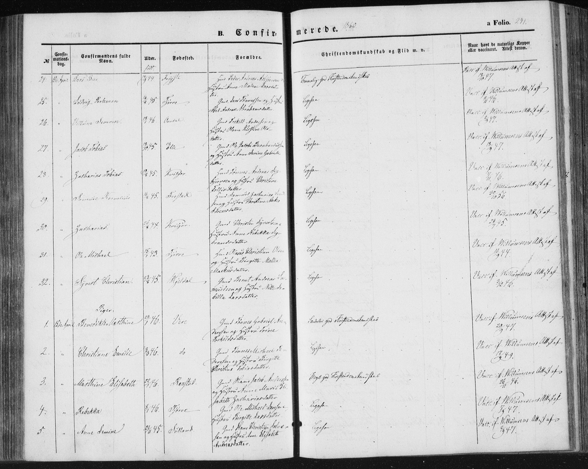 Lista sokneprestkontor, AV/SAK-1111-0027/F/Fa/L0010: Parish register (official) no. A 10, 1846-1861, p. 241