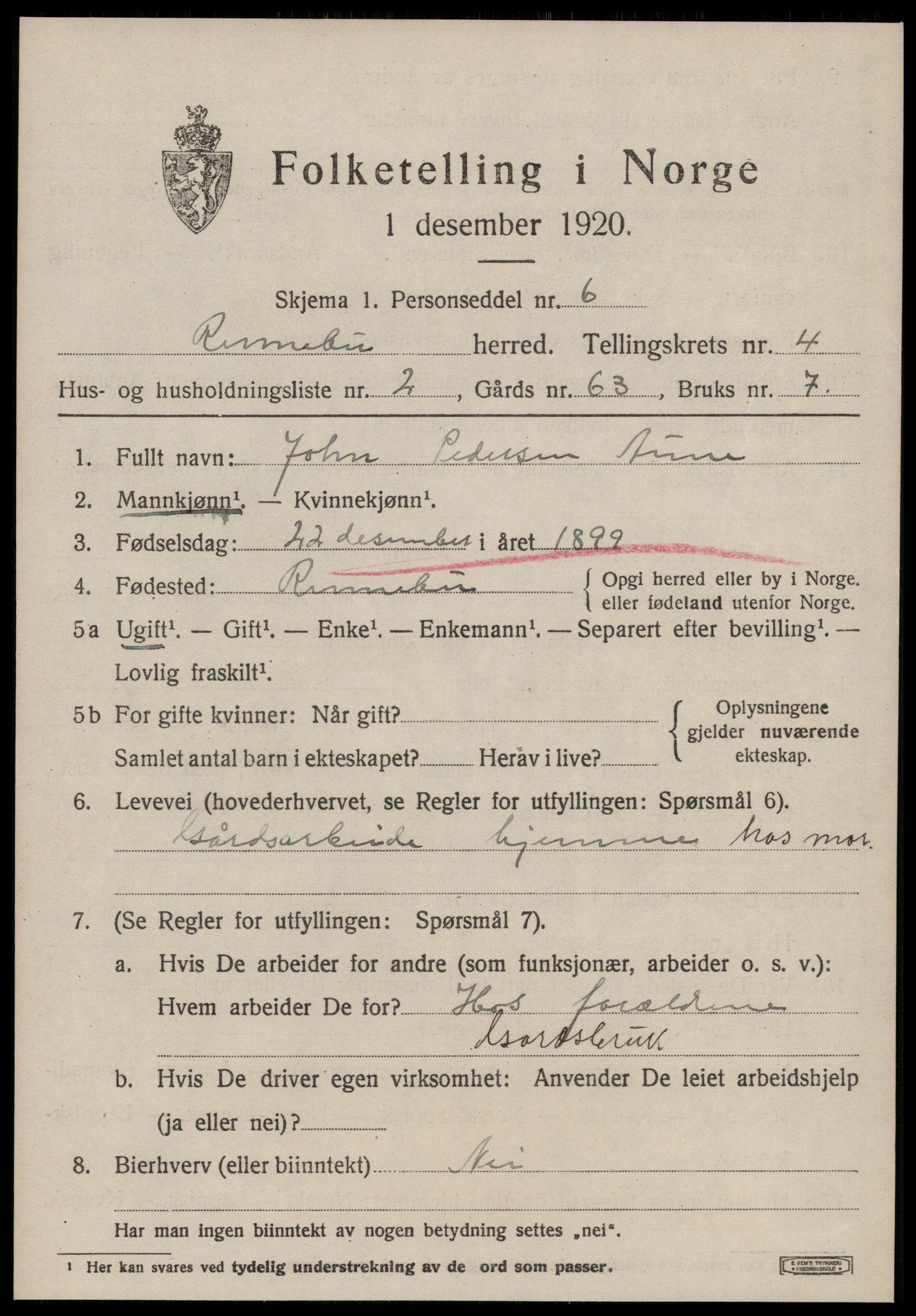 SAT, 1920 census for Rennebu, 1920, p. 2546