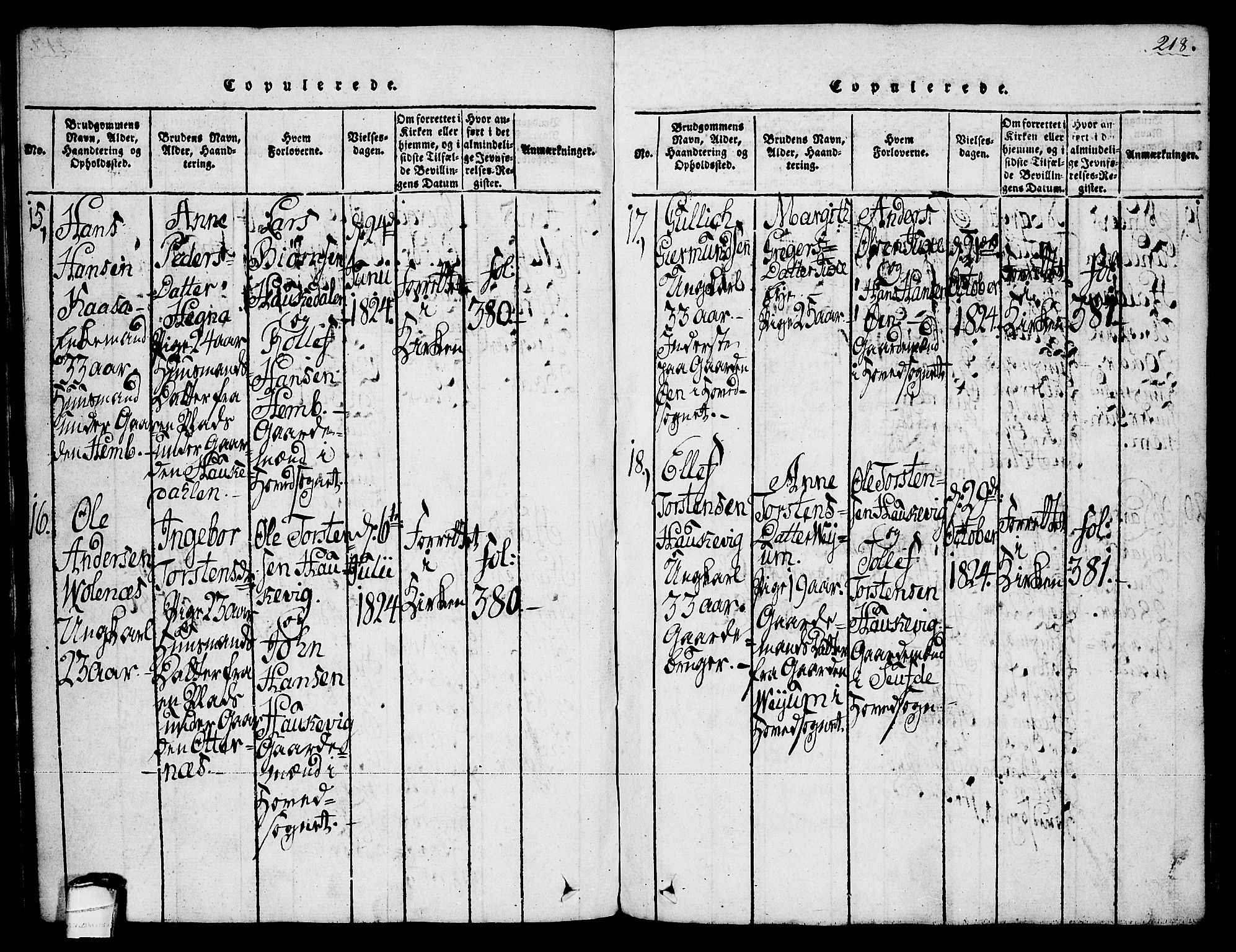 Sauherad kirkebøker, AV/SAKO-A-298/G/Ga/L0001: Parish register (copy) no. I 1, 1815-1827, p. 218