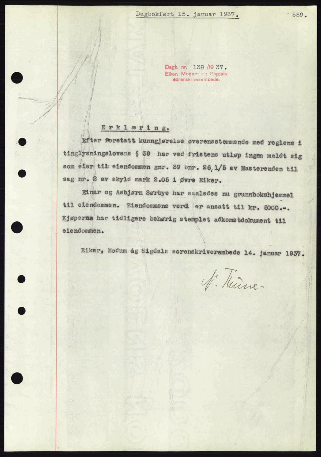 Eiker, Modum og Sigdal sorenskriveri, SAKO/A-123/G/Ga/Gab/L0034: Mortgage book no. A4, 1936-1937, Diary no: : 138/1937