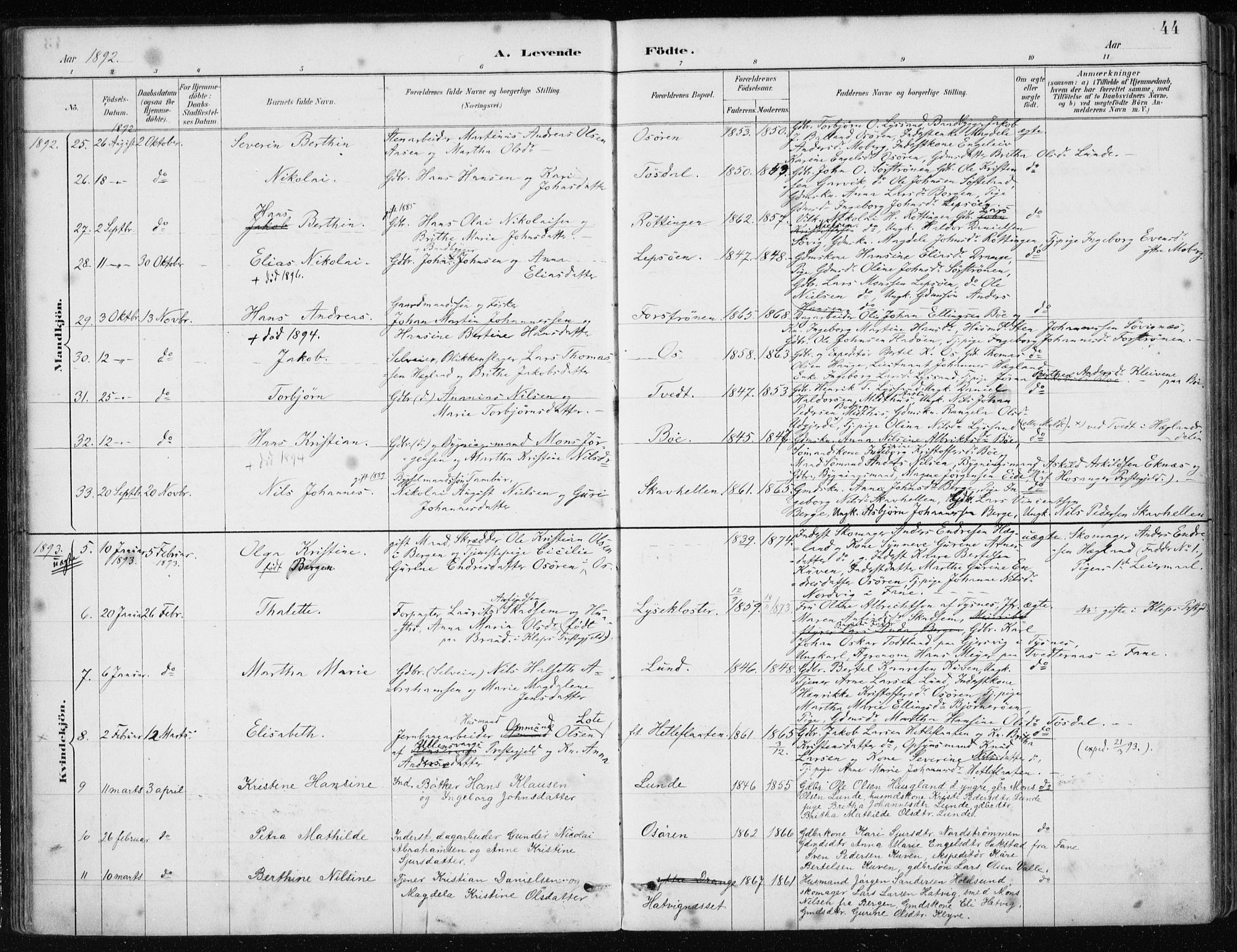 Os sokneprestembete, SAB/A-99929: Parish register (official) no. B 1, 1885-1902, p. 44