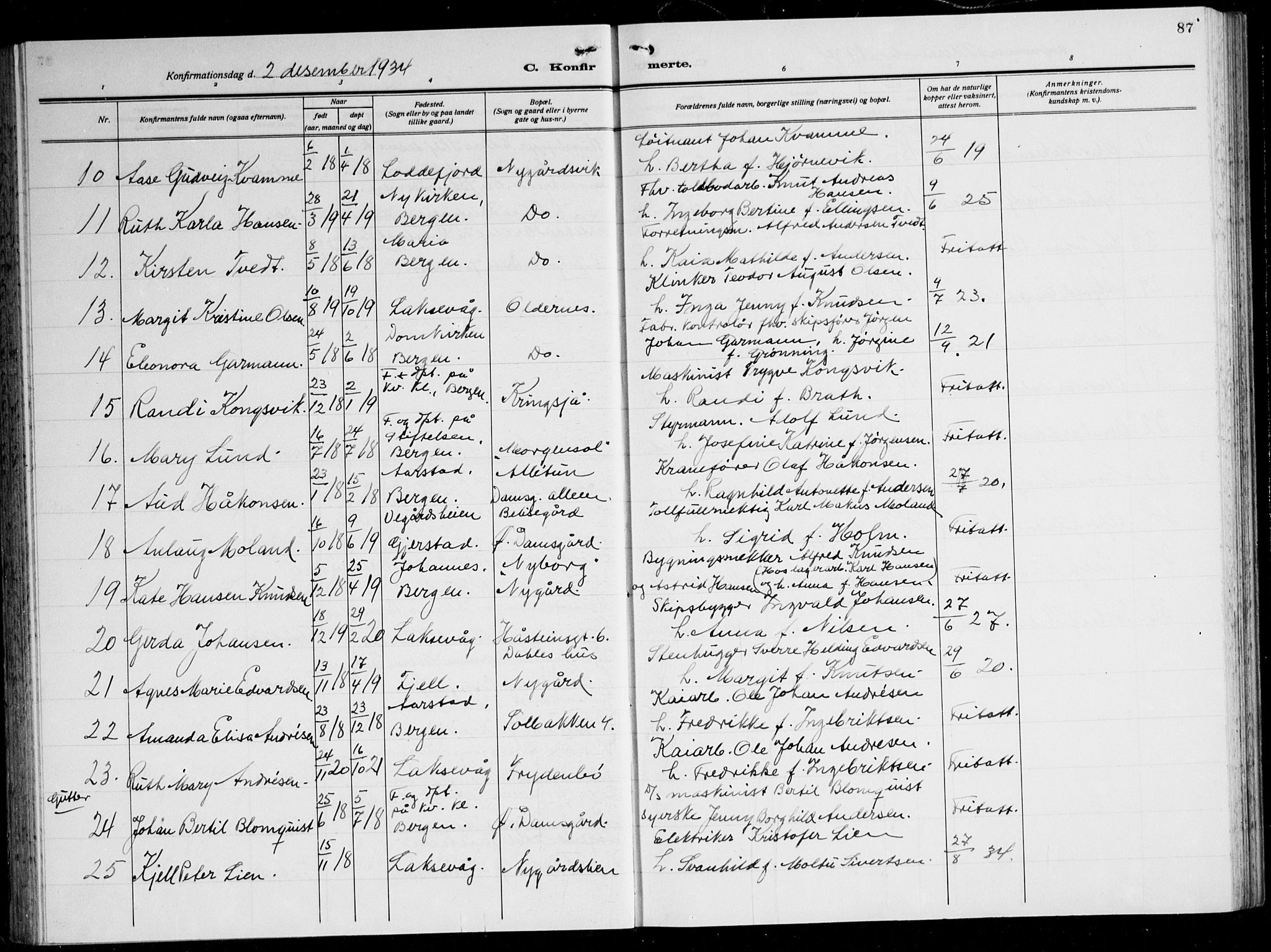 Laksevåg Sokneprestembete, SAB/A-76501/H/Ha/Hab/Haba: Parish register (copy) no. A 10, 1925-1942, p. 87