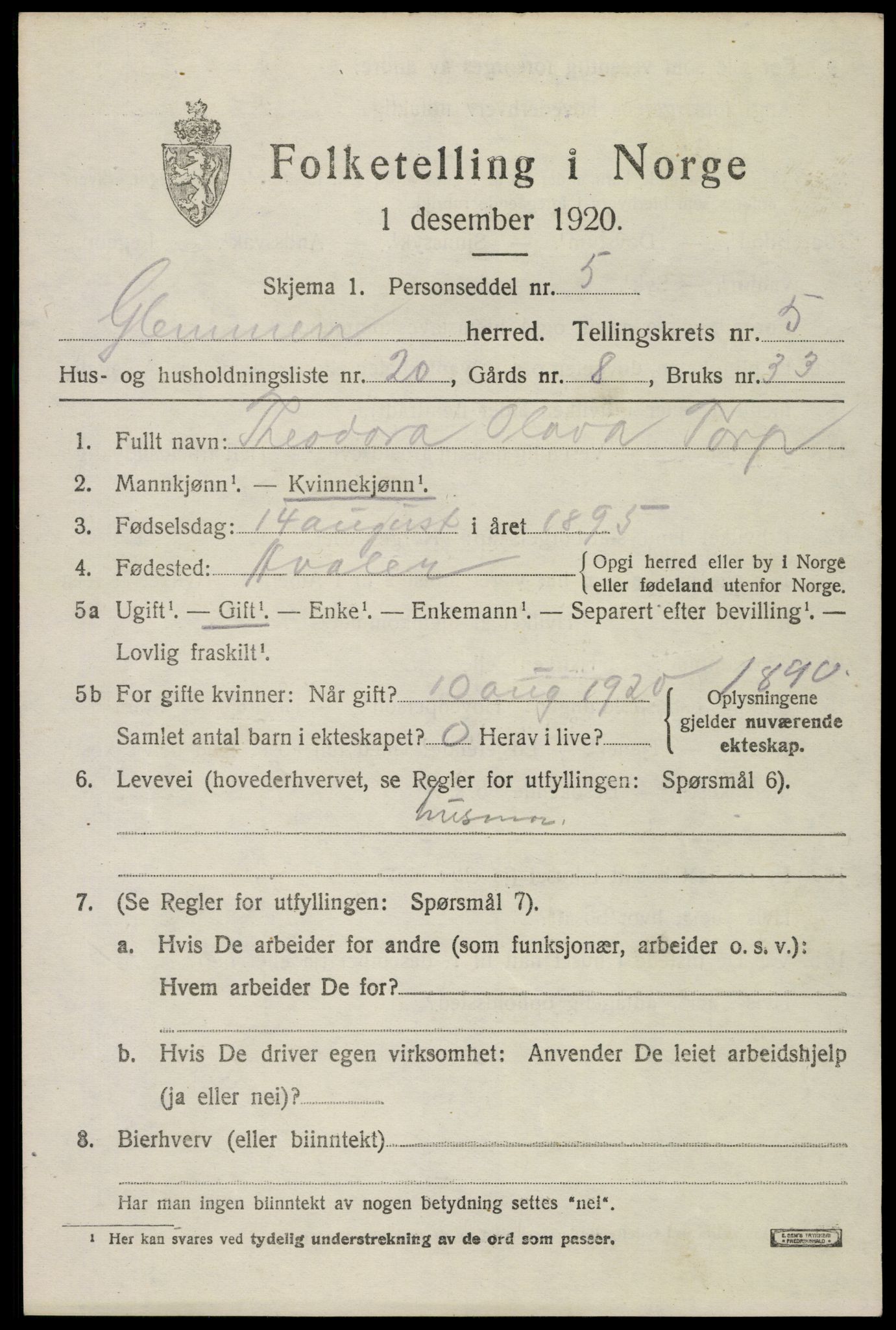 SAO, 1920 census for Glemmen, 1920, p. 17077