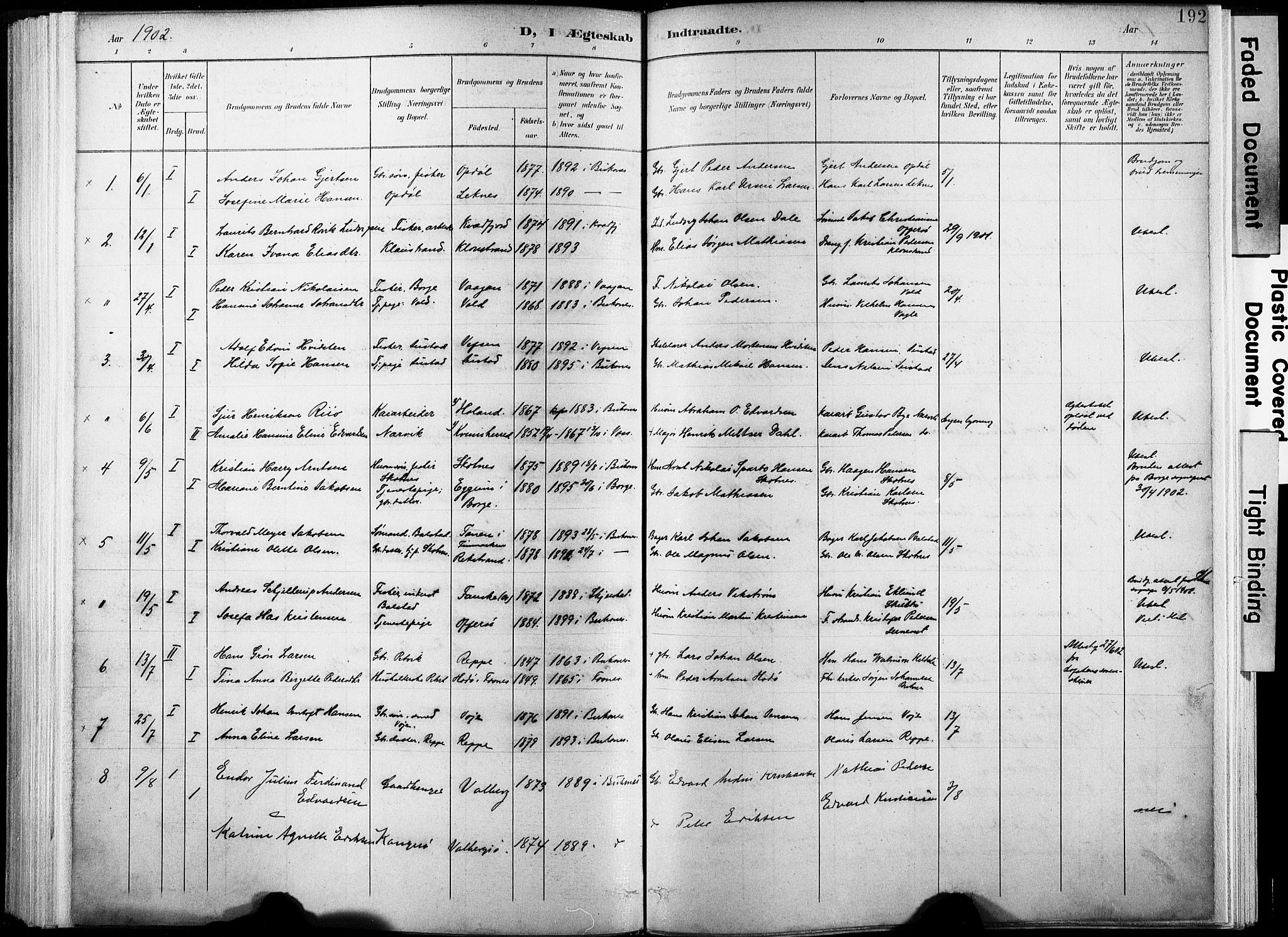 Ministerialprotokoller, klokkerbøker og fødselsregistre - Nordland, AV/SAT-A-1459/881/L1151: Parish register (official) no. 881A04, 1899-1907, p. 192