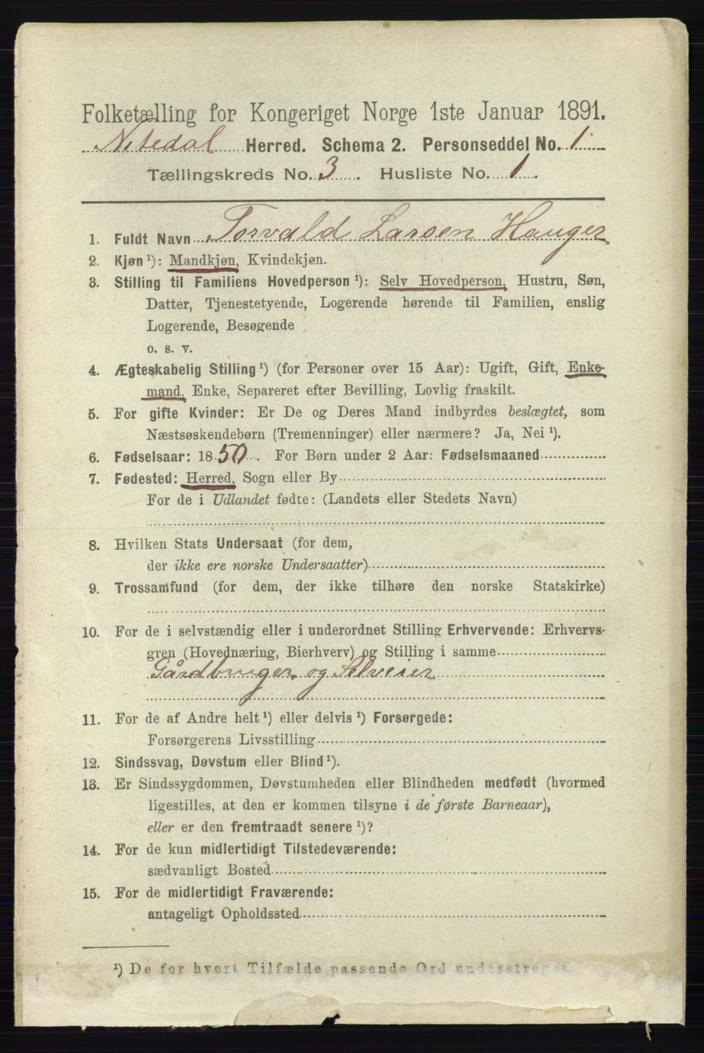 RA, 1891 census for 0233 Nittedal, 1891, p. 1203