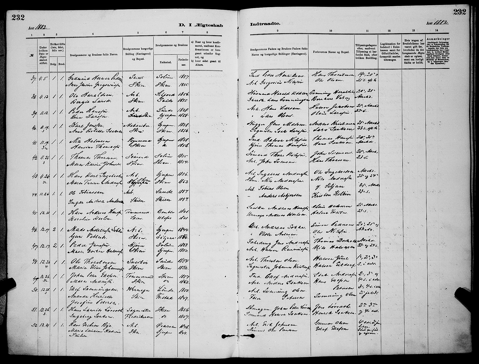 Skien kirkebøker, SAKO/A-302/G/Ga/L0006: Parish register (copy) no. 6, 1881-1890, p. 232