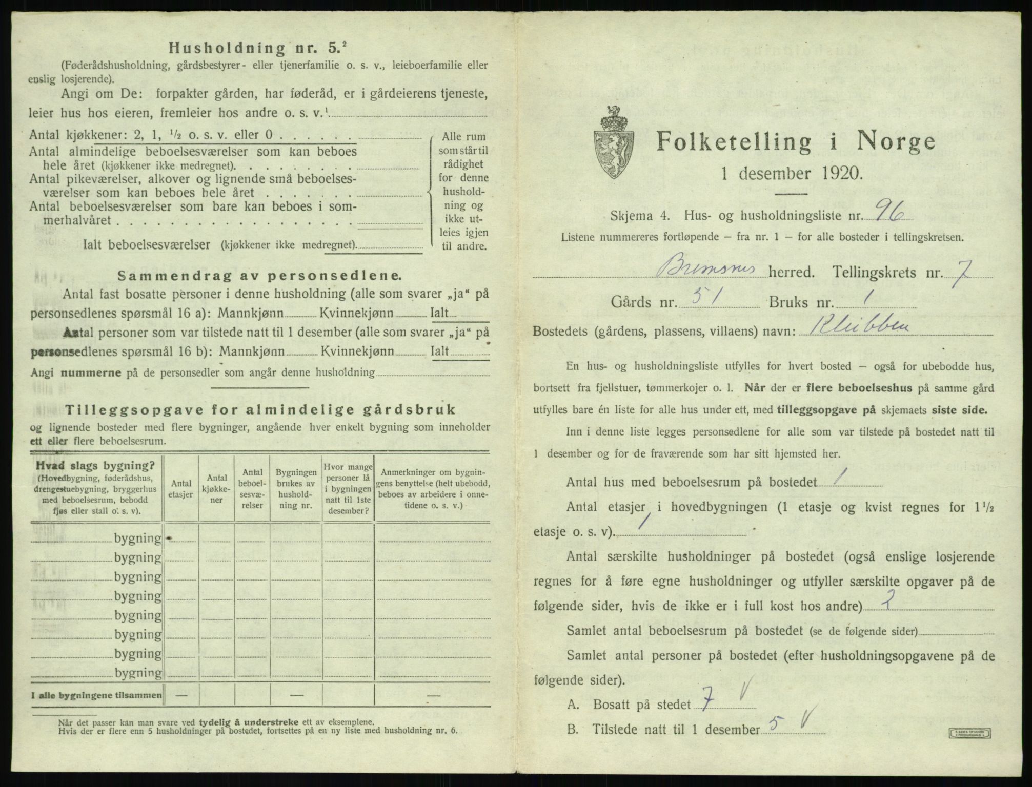 SAT, 1920 census for Bremsnes, 1920, p. 909