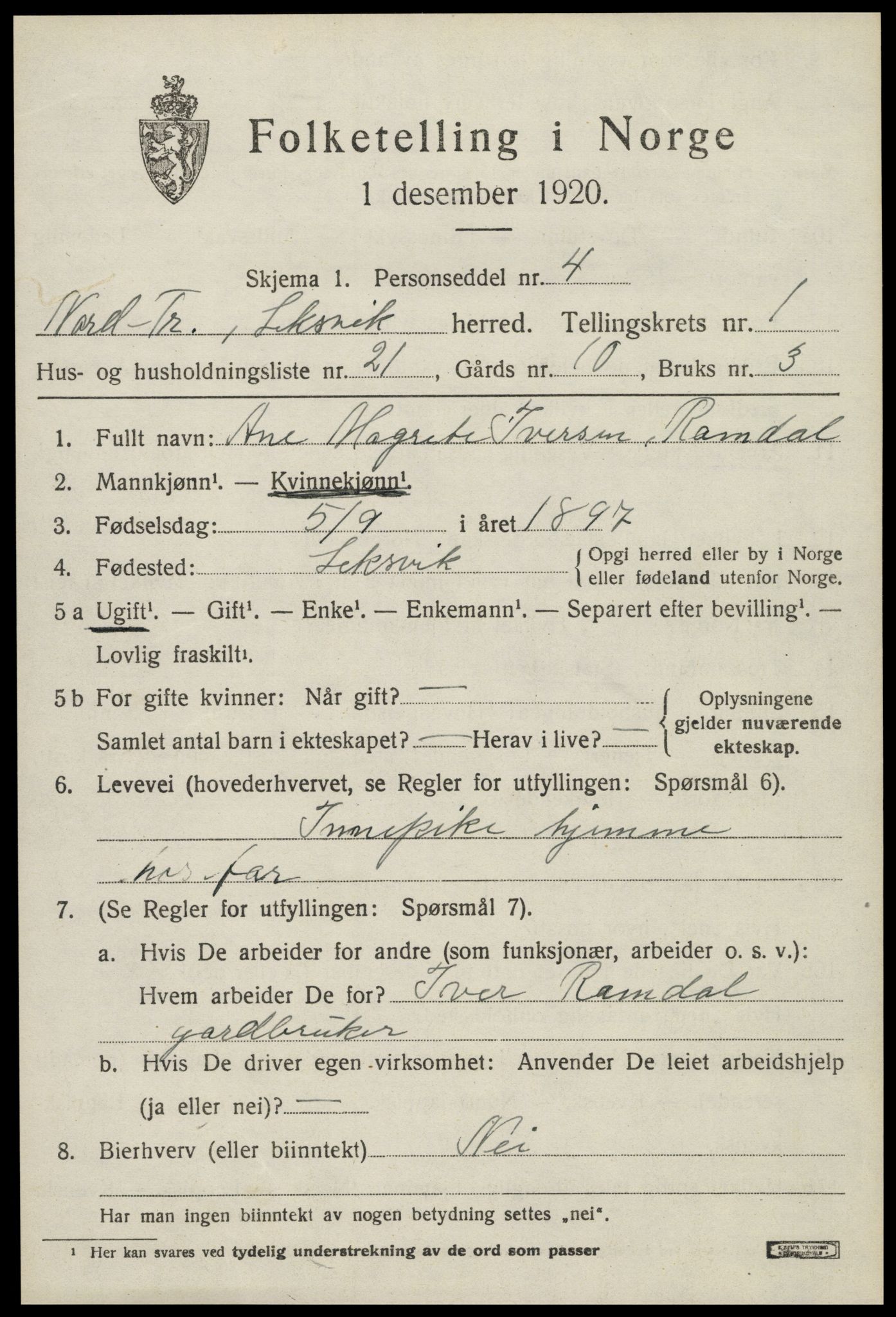 SAT, 1920 census for Leksvik, 1920, p. 1392