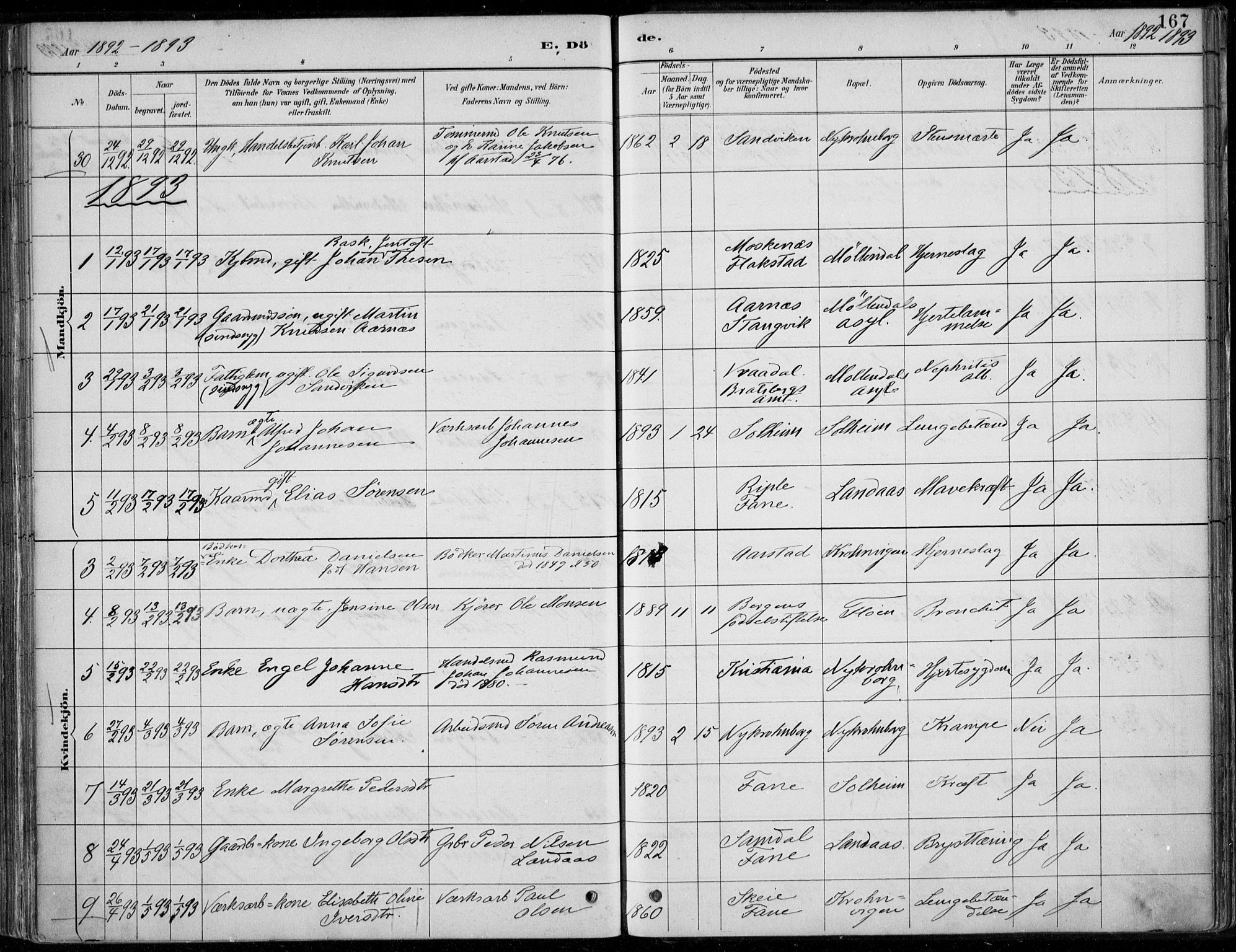 Årstad Sokneprestembete, AV/SAB-A-79301/H/Haa/L0006: Parish register (official) no. B 1, 1886-1901, p. 167