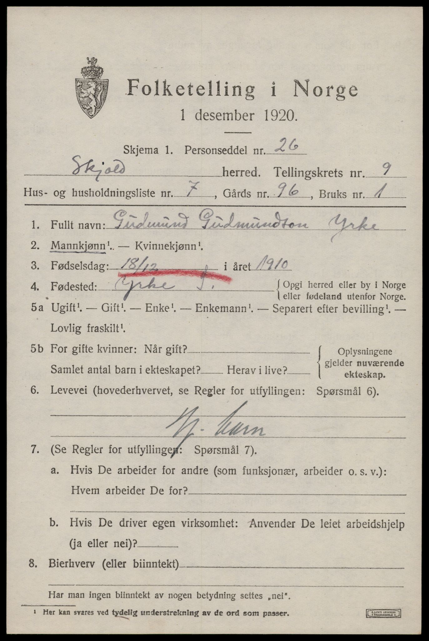 SAST, 1920 census for Skjold, 1920, p. 4436