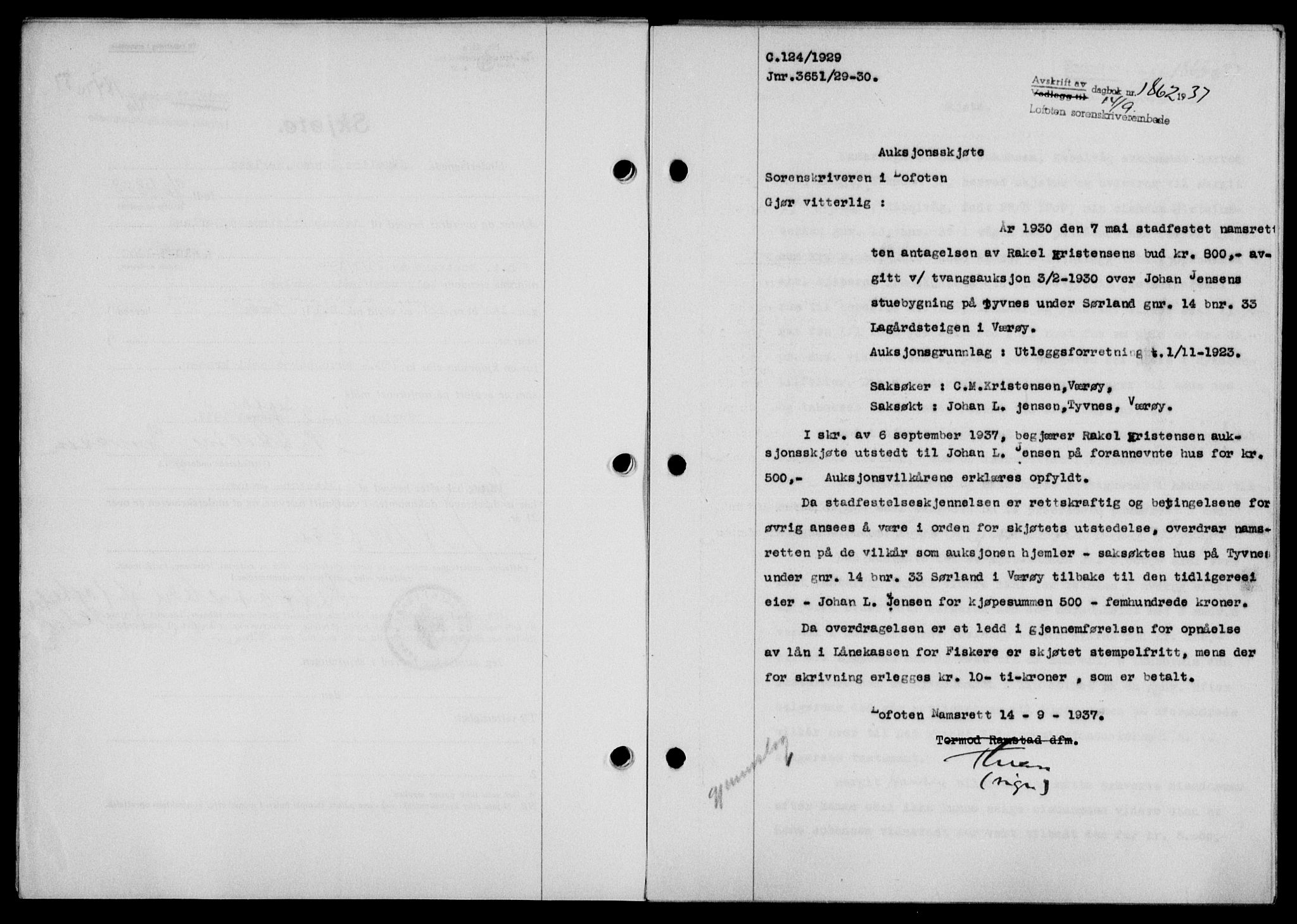 Lofoten sorenskriveri, SAT/A-0017/1/2/2C/L0002a: Mortgage book no. 2a, 1937-1937, Diary no: : 1862/1937