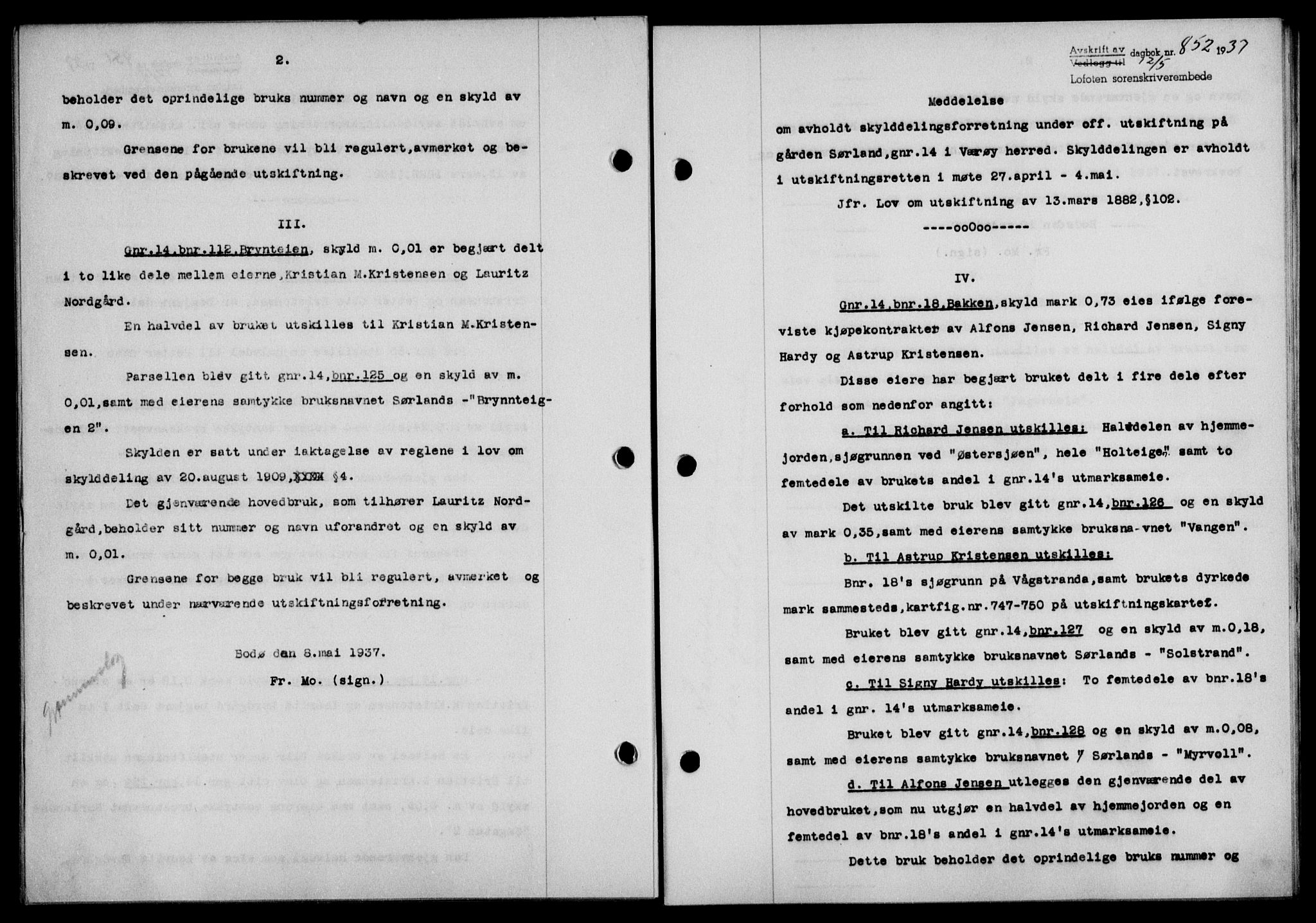 Lofoten sorenskriveri, SAT/A-0017/1/2/2C/L0002a: Mortgage book no. 2a, 1937-1937, Diary no: : 852/1937
