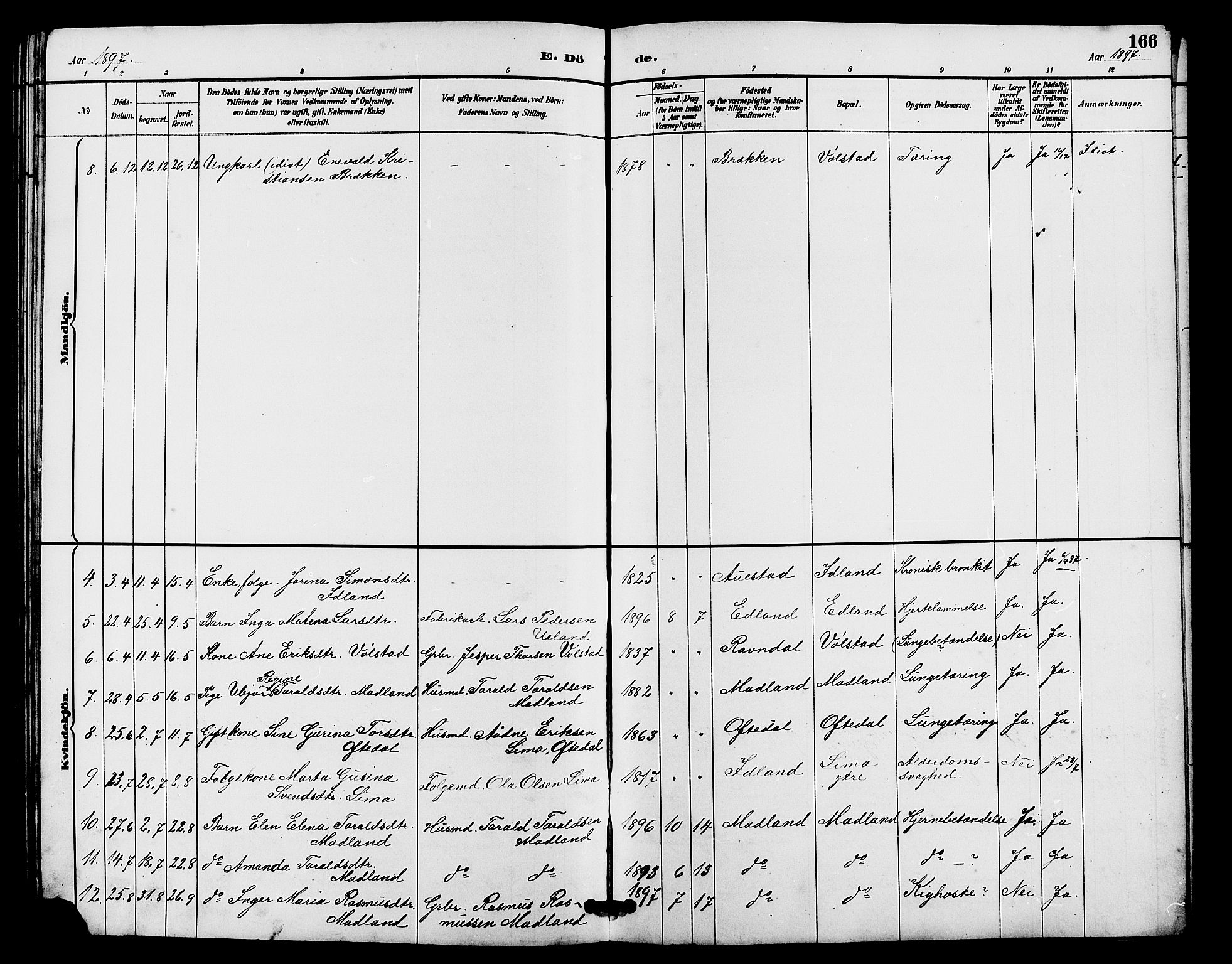 Lye sokneprestkontor, AV/SAST-A-101794/001/30BB/L0008: Parish register (copy) no. B 7, 1887-1901, p. 166