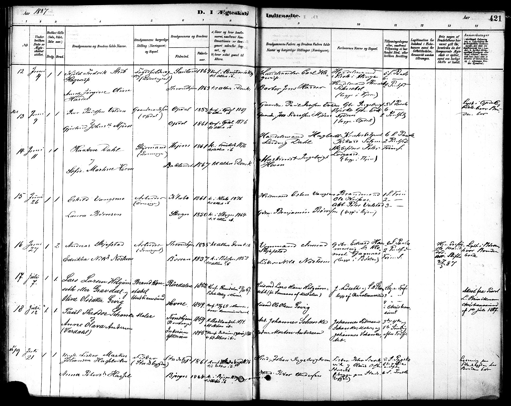 Ministerialprotokoller, klokkerbøker og fødselsregistre - Sør-Trøndelag, AV/SAT-A-1456/601/L0058: Parish register (official) no. 601A26, 1877-1891, p. 421