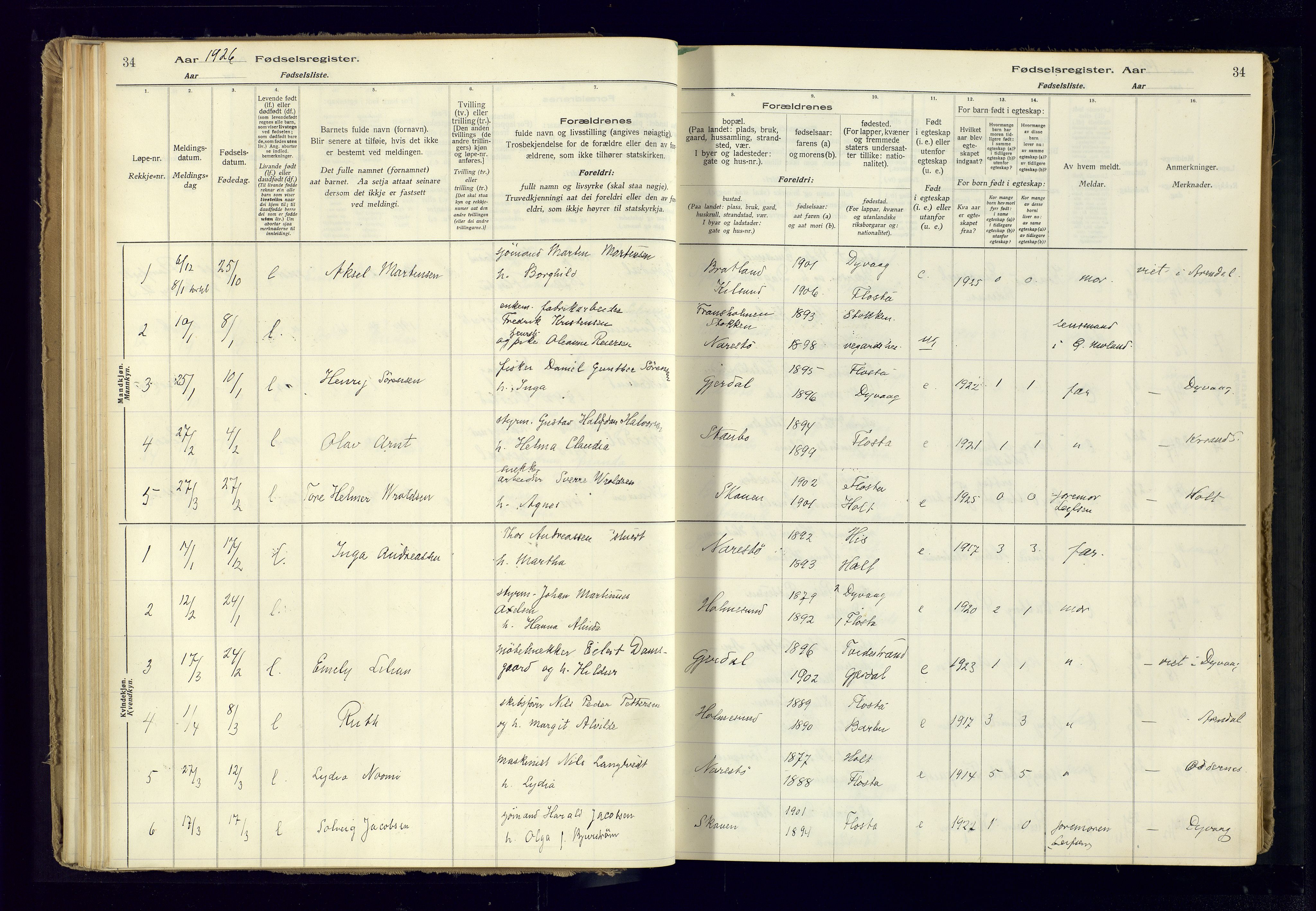 Austre Moland sokneprestkontor, SAK/1111-0001/J/Ja/L0005: Birth register no. A-VI-29, 1916-1982, p. 34