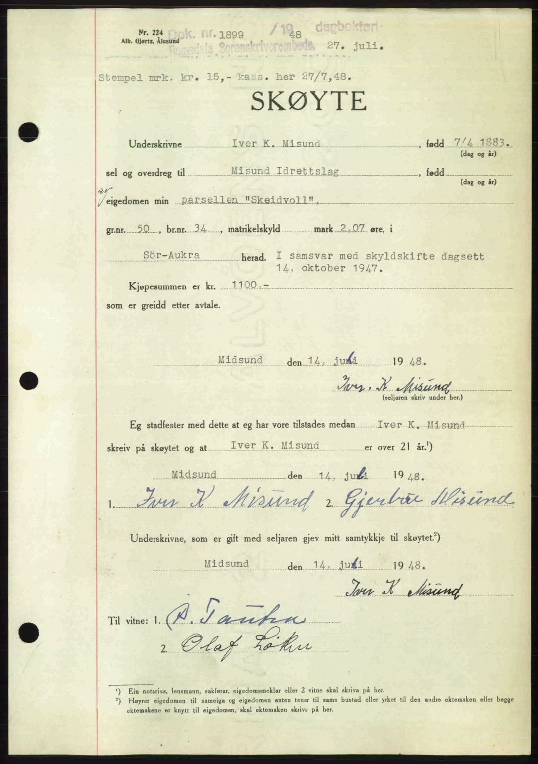 Romsdal sorenskriveri, AV/SAT-A-4149/1/2/2C: Mortgage book no. A26, 1948-1948, Diary no: : 1899/1948