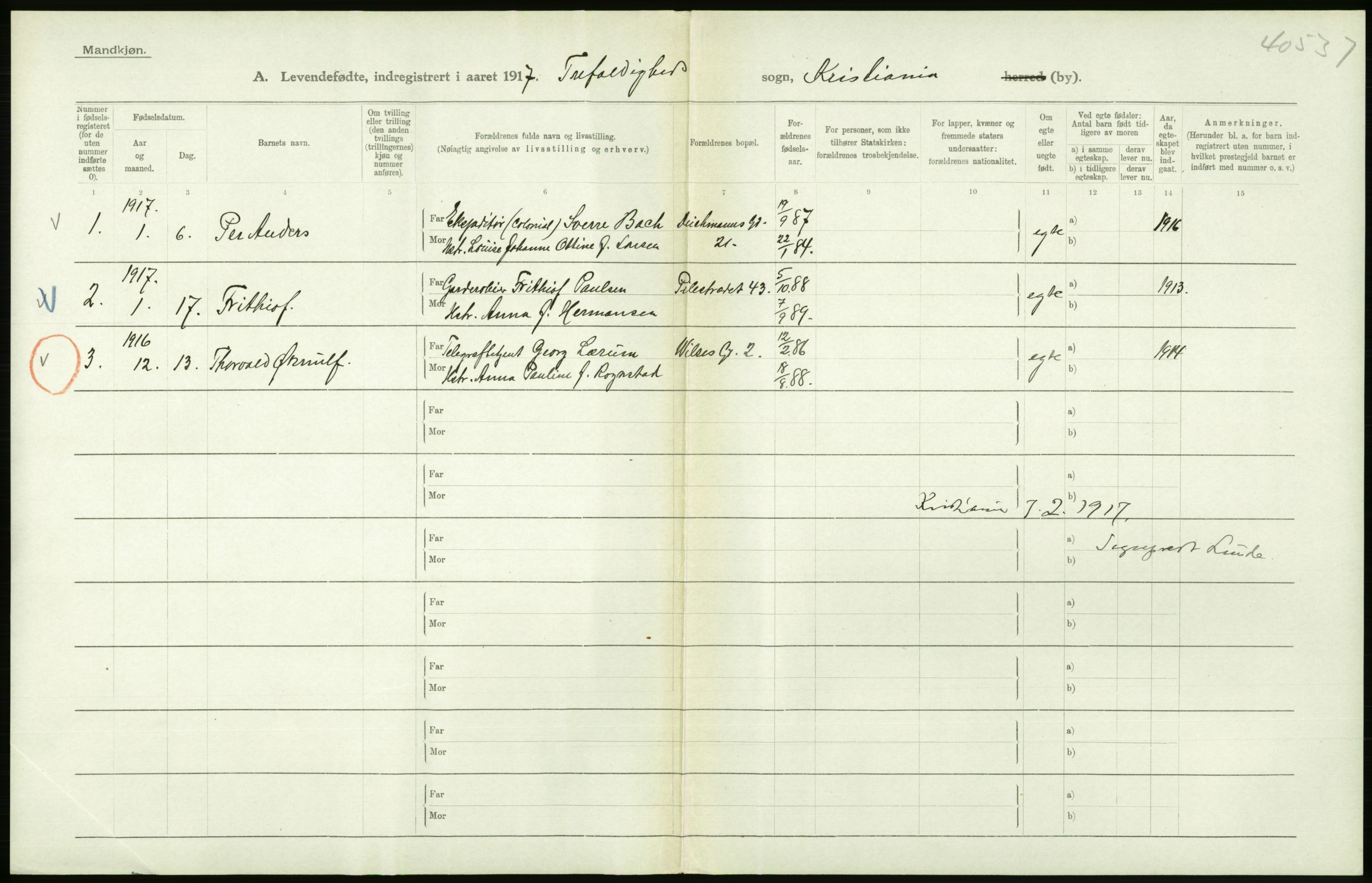 Statistisk sentralbyrå, Sosiodemografiske emner, Befolkning, RA/S-2228/D/Df/Dfb/Dfbg/L0007: Kristiania: Levendefødte menn og kvinner., 1917, p. 364