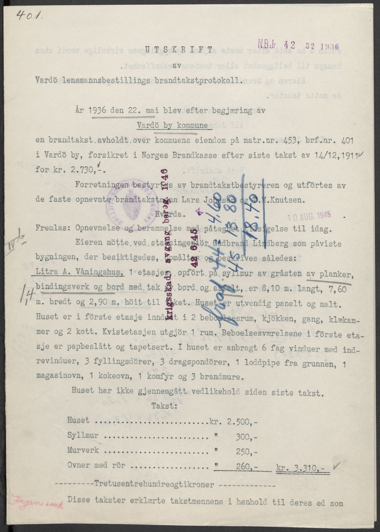 Norges Brannkasse, AV/RA-S-1549/E/Eu/L0019: Branntakster for Vardø by, 1889-1955, p. 13