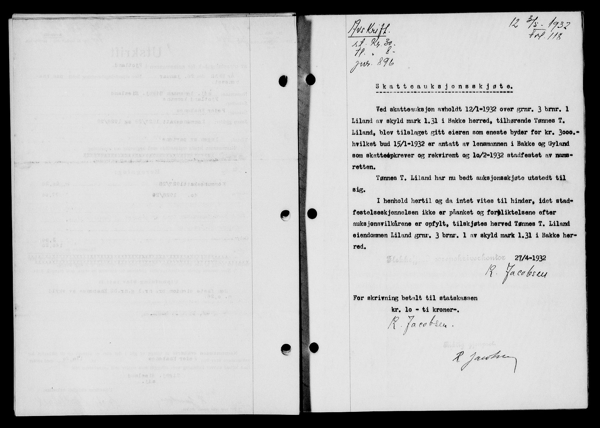 Flekkefjord sorenskriveri, SAK/1221-0001/G/Gb/Gba/L0047: Mortgage book no. 45, 1931-1932, Deed date: 03.05.1932