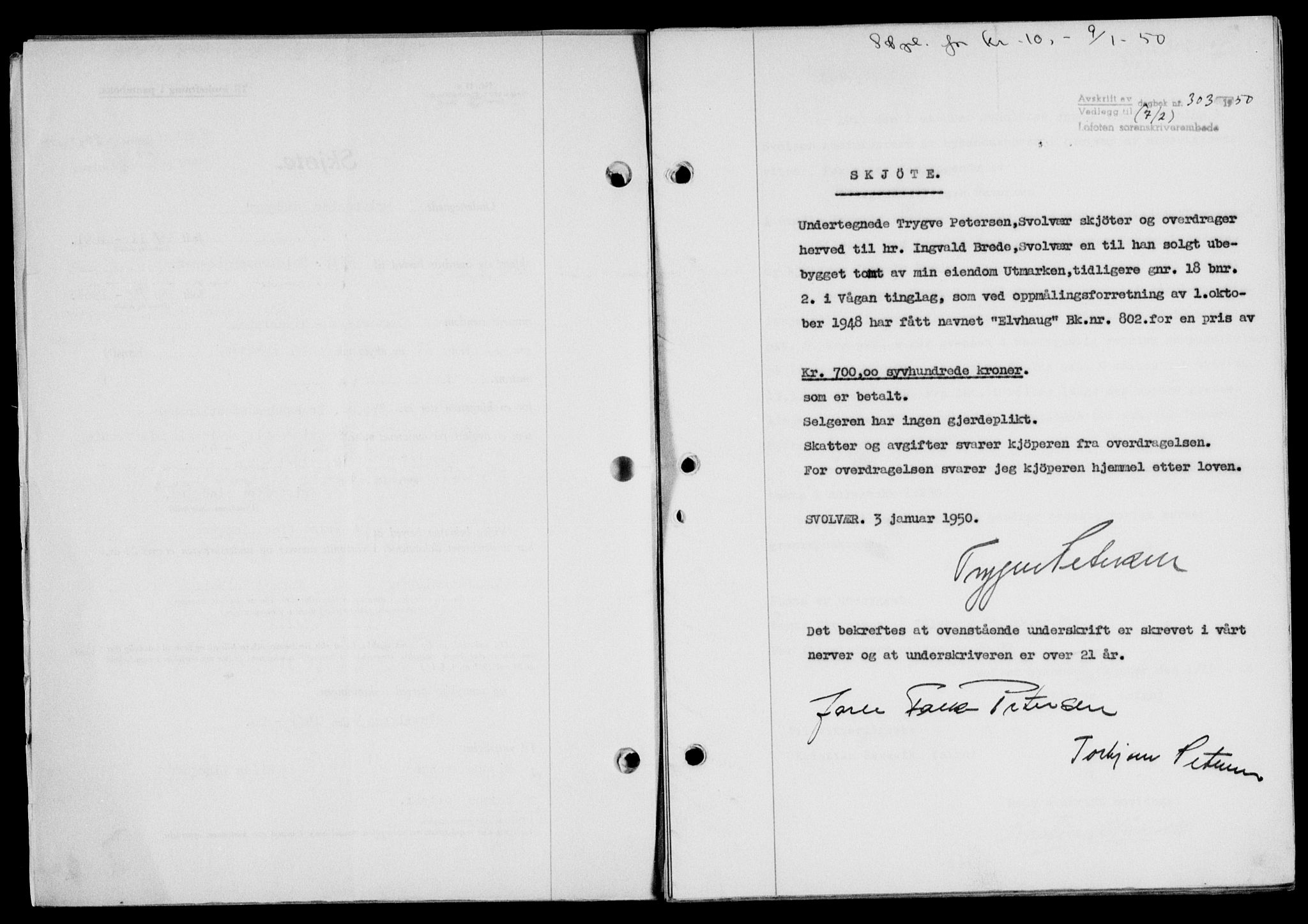 Lofoten sorenskriveri, SAT/A-0017/1/2/2C/L0023a: Mortgage book no. 23a, 1950-1950, Diary no: : 303/1950