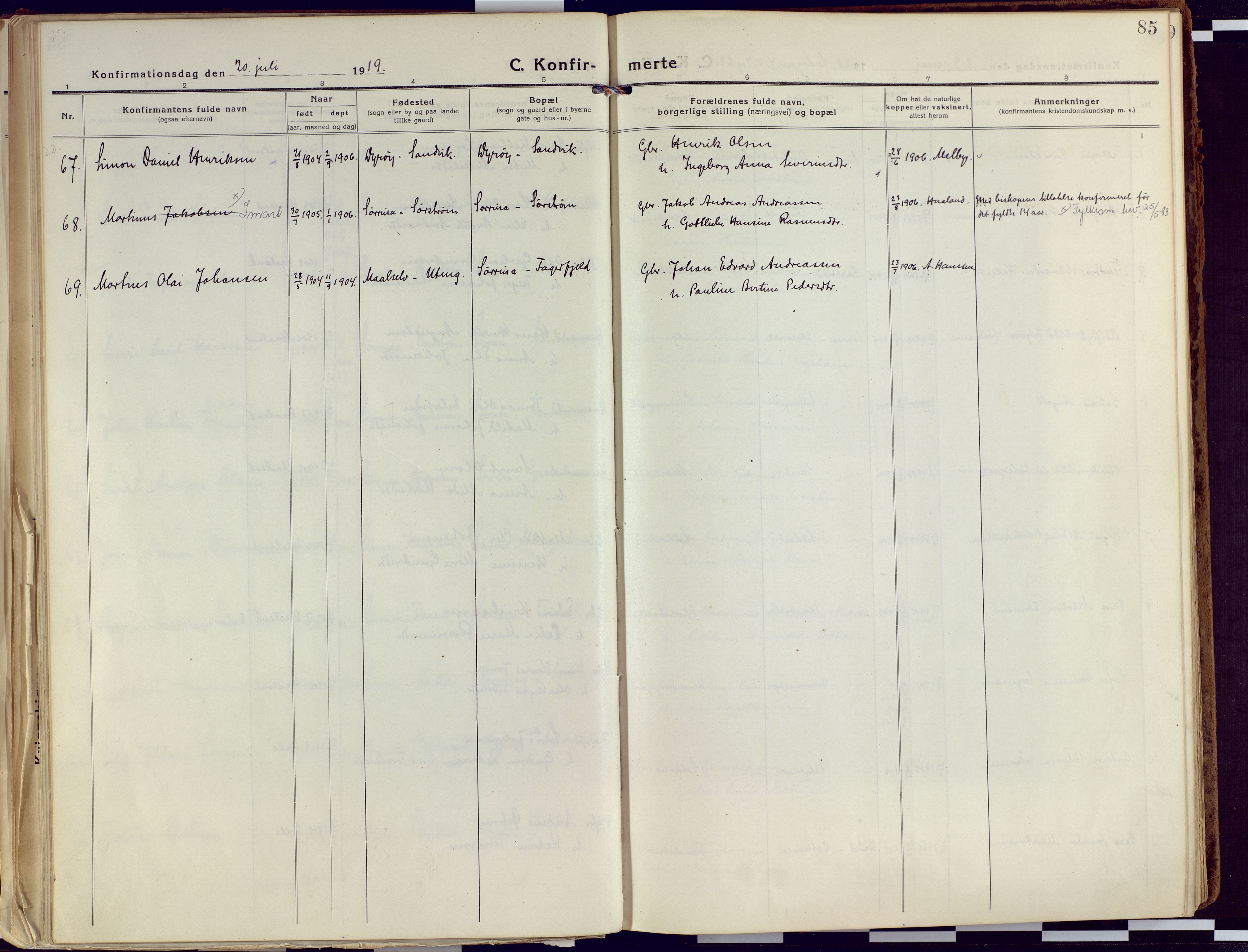 Tranøy sokneprestkontor, SATØ/S-1313/I/Ia/Iaa/L0015kirke: Parish register (official) no. 15, 1919-1928, p. 85