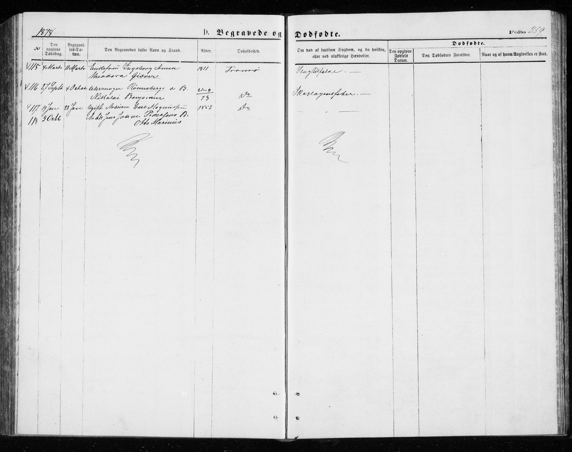 Tromsø sokneprestkontor/stiftsprosti/domprosti, AV/SATØ-S-1343/G/Gb/L0008klokker: Parish register (copy) no. 8, 1875-1879, p. 259