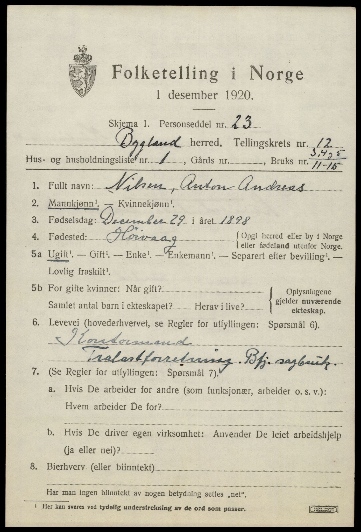 SAK, 1920 census for Bygland, 1920, p. 4505