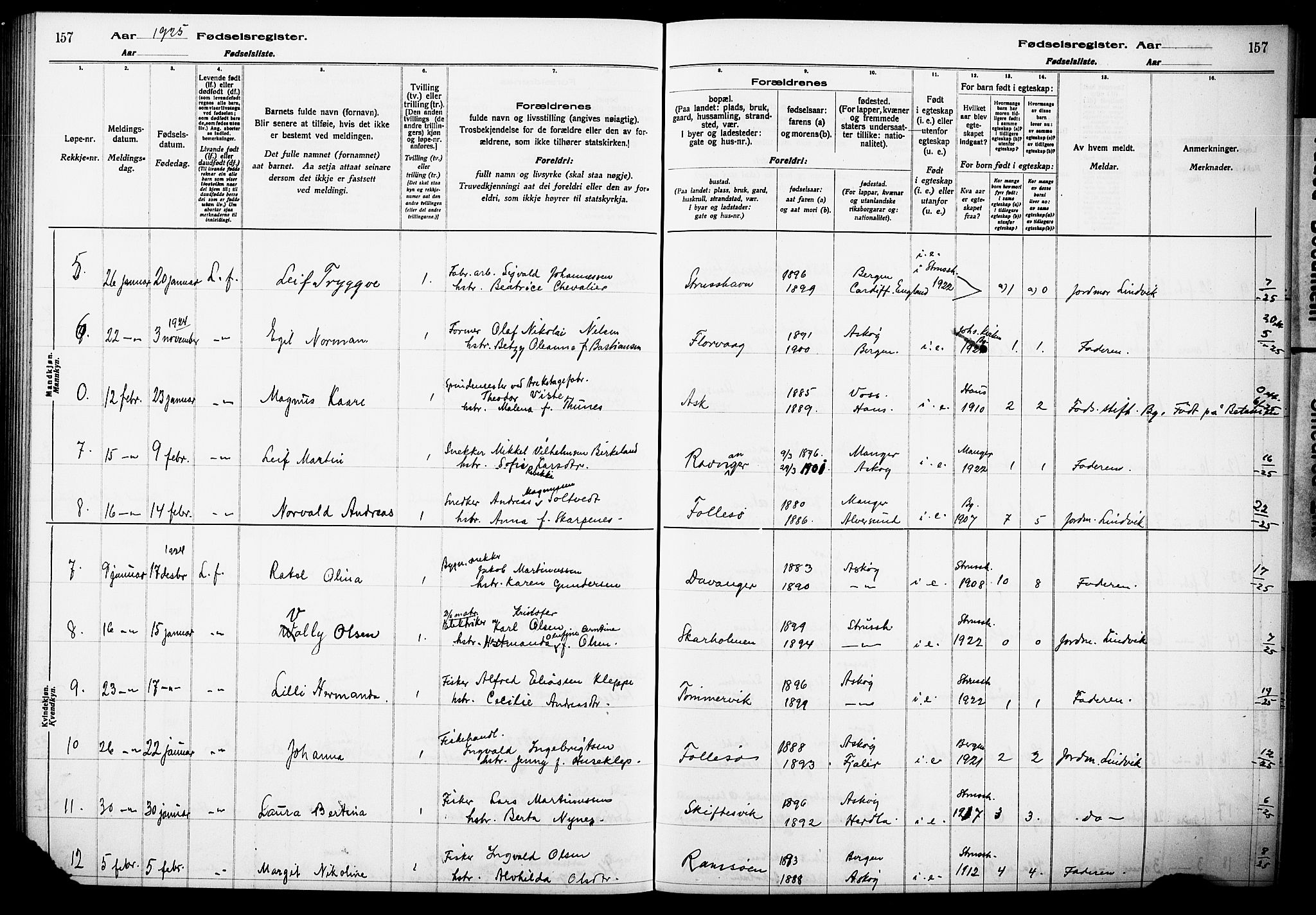 Askøy Sokneprestembete, AV/SAB-A-74101/I/Id/L00A1: Birth register no. A 1, 1916-1928, p. 157