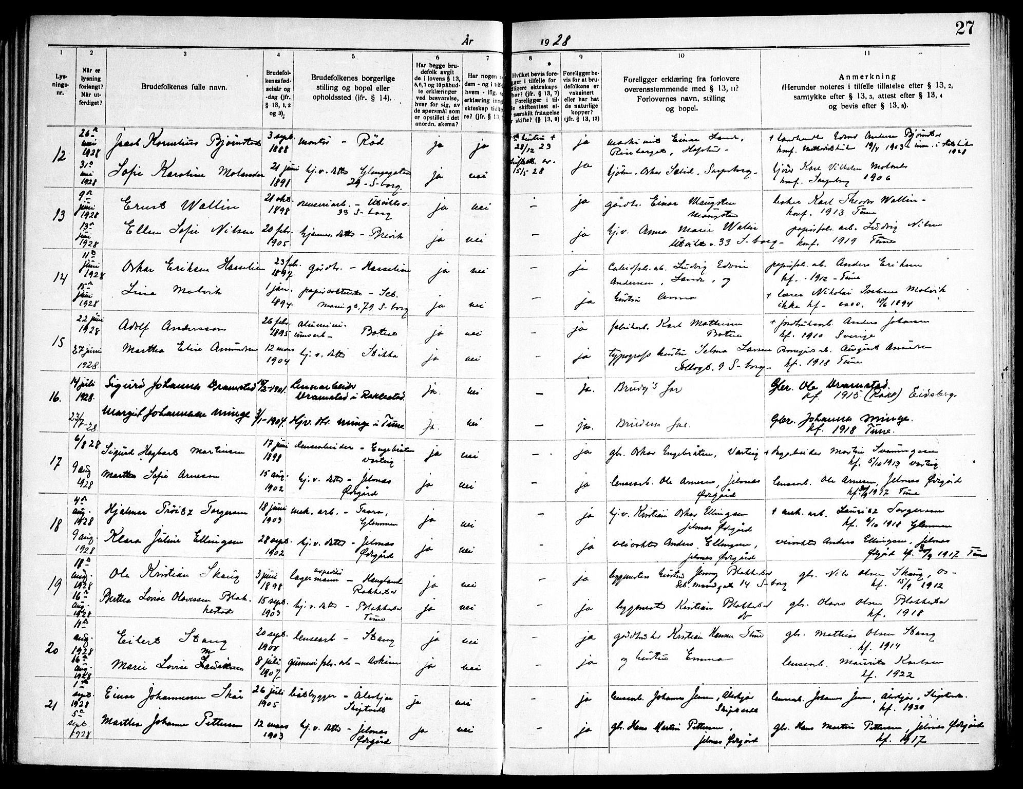 Tune prestekontor Kirkebøker, AV/SAO-A-2007/H/Ha/L0001: Banns register no. I 1, 1919-1946, p. 27