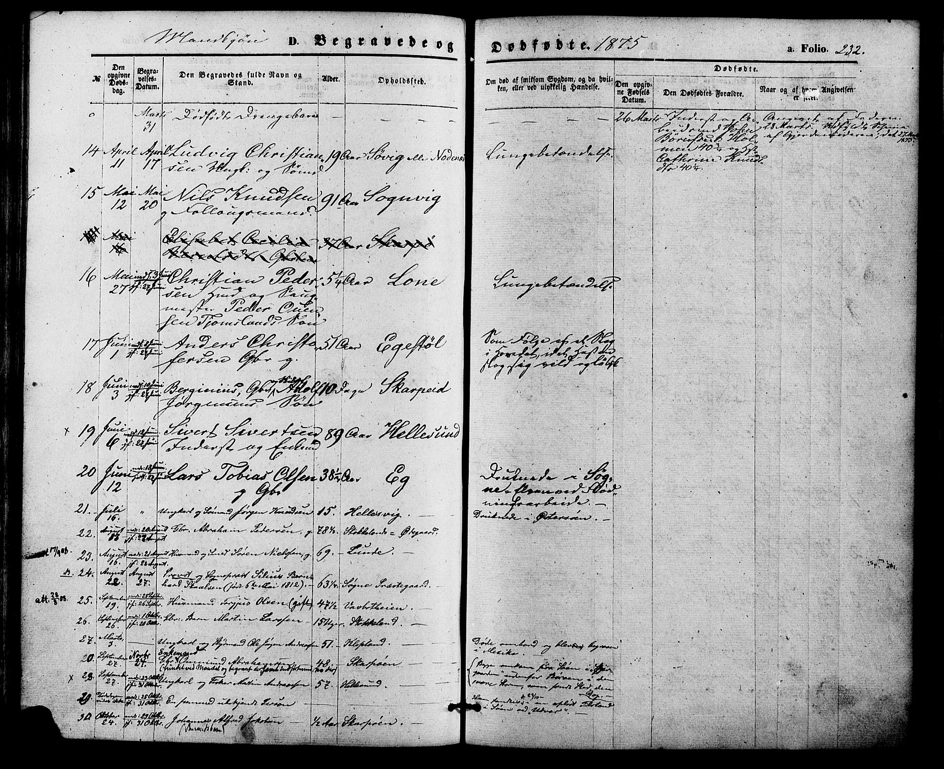 Søgne sokneprestkontor, AV/SAK-1111-0037/F/Fa/Fab/L0011: Parish register (official) no. A 11, 1869-1879, p. 232