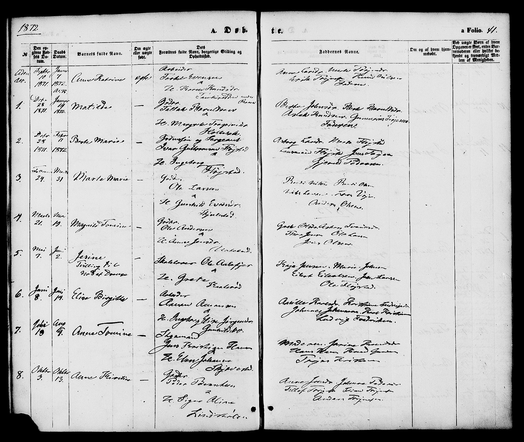 Austre Moland sokneprestkontor, SAK/1111-0001/F/Fa/Faa/L0009: Parish register (official) no. A 9, 1869-1879, p. 41