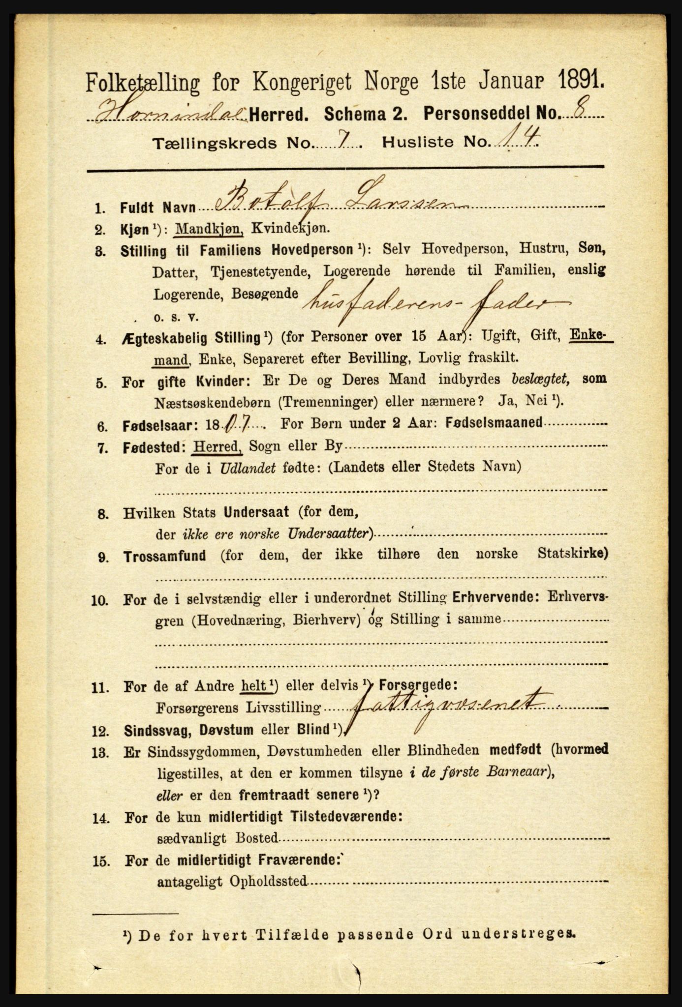 RA, 1891 census for 1444 Hornindal, 1891, p. 1853