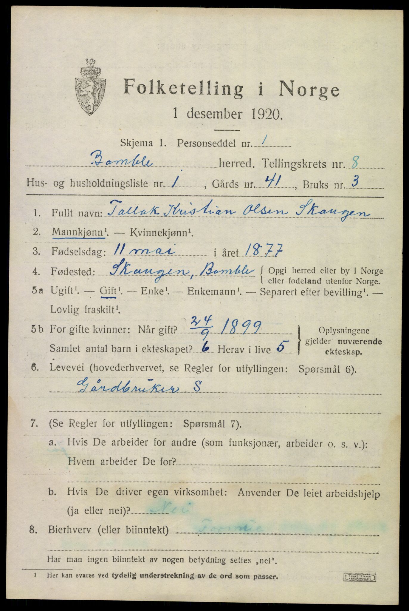 SAKO, 1920 census for Bamble, 1920, p. 7369