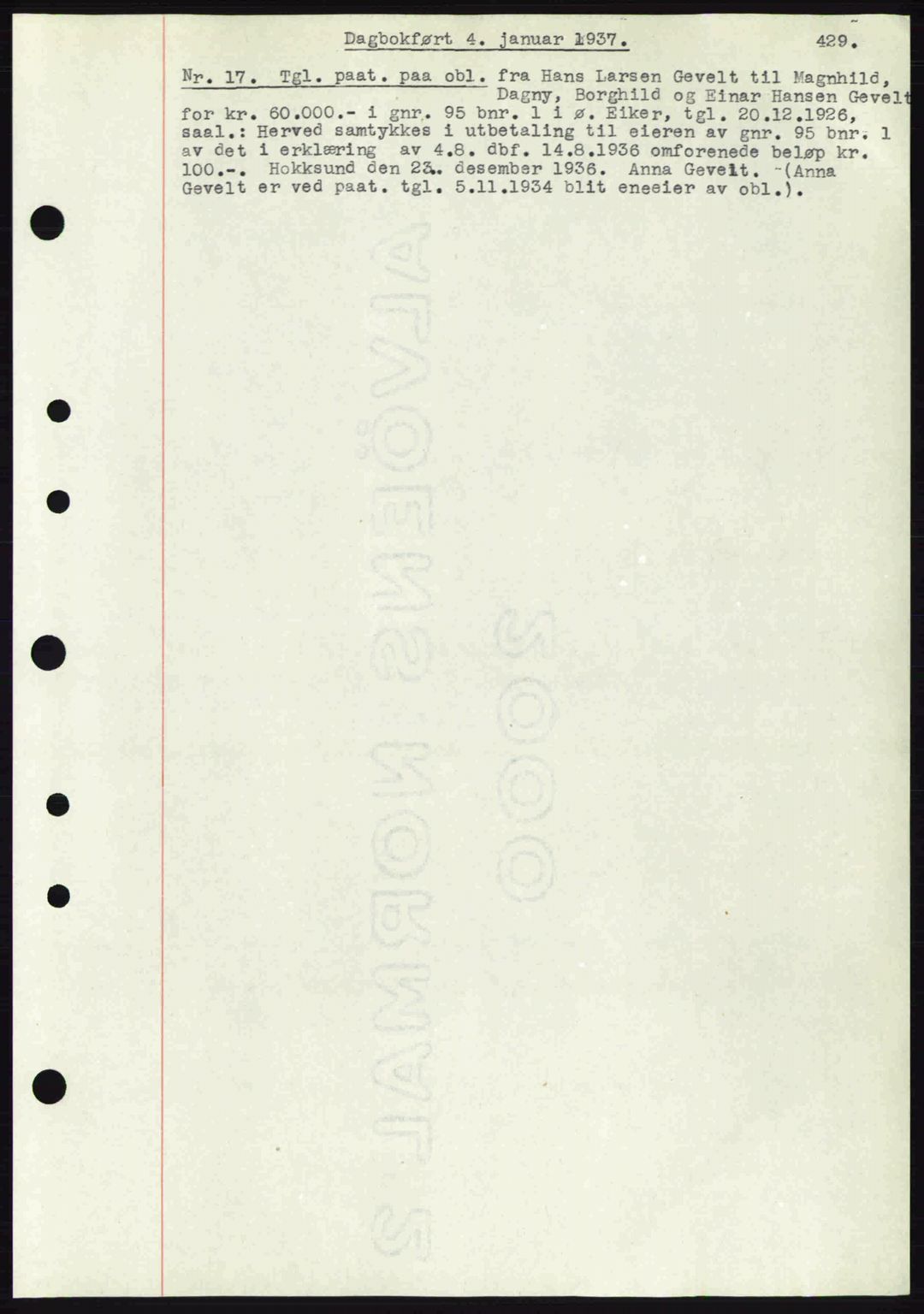 Eiker, Modum og Sigdal sorenskriveri, SAKO/A-123/G/Ga/Gab/L0034: Mortgage book no. A4, 1936-1937, Diary no: : 17/1937