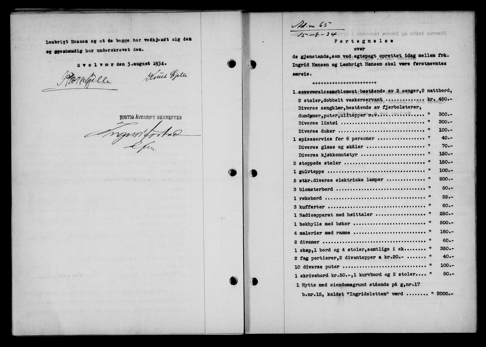 Lofoten sorenskriveri, SAT/A-0017/1/2/2C/L0030b: Mortgage book no. 30b, 1934-1934, Deed date: 15.08.1934