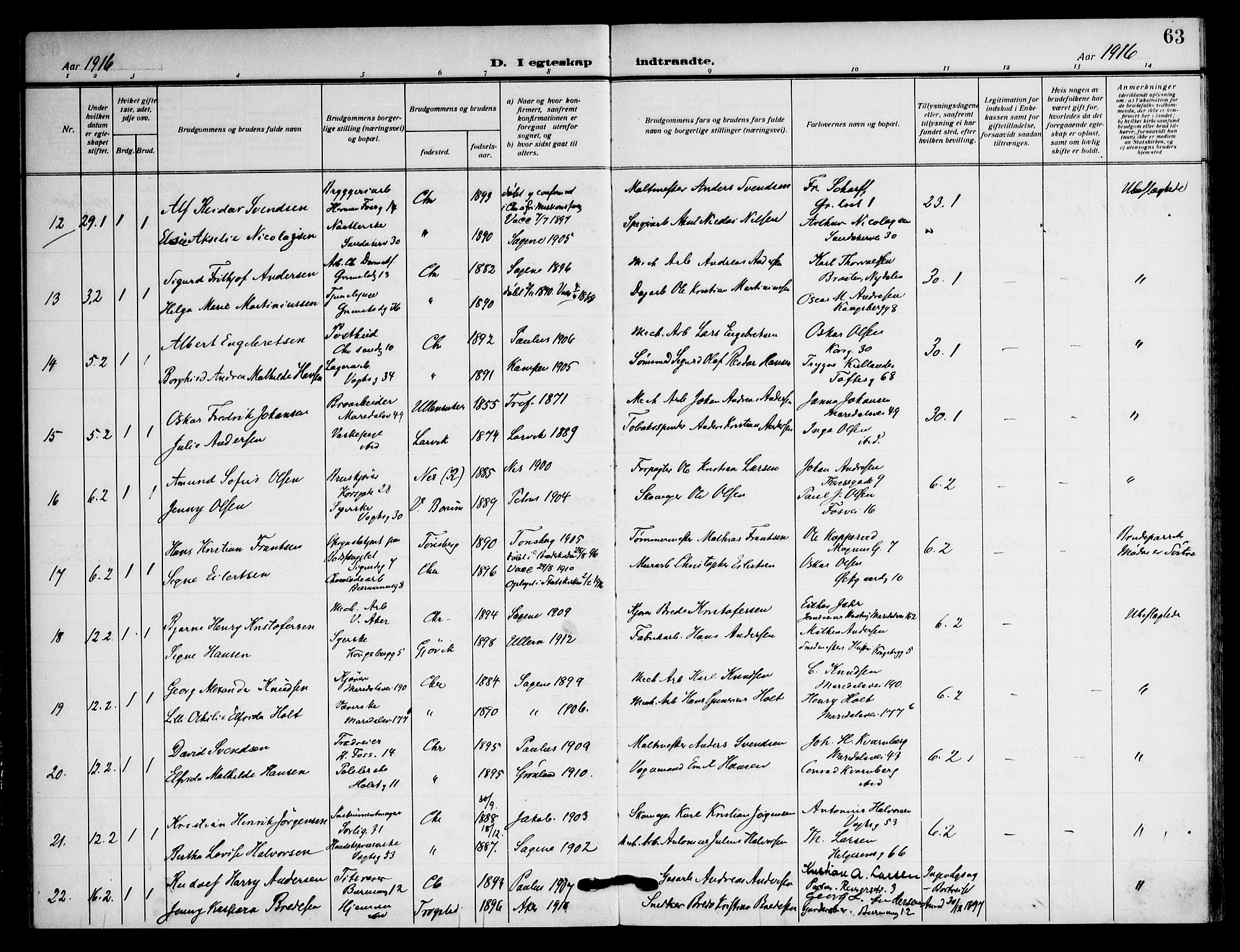 Sagene prestekontor Kirkebøker, AV/SAO-A-10796/F/L0009: Parish register (official) no. 9, 1911-1920, p. 63