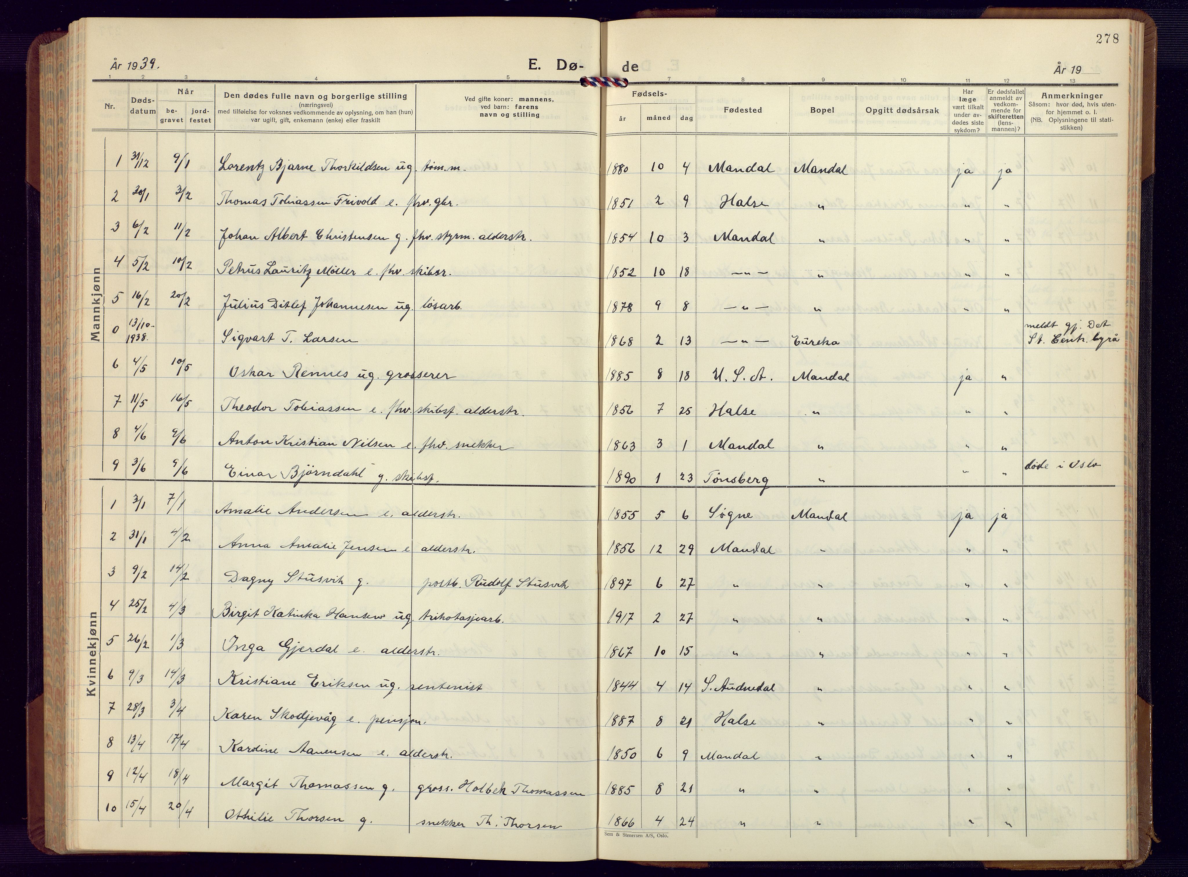 Mandal sokneprestkontor, AV/SAK-1111-0030/F/Fb/Fbc/L0002: Parish register (copy) no. B 2, 1931-1949, p. 278