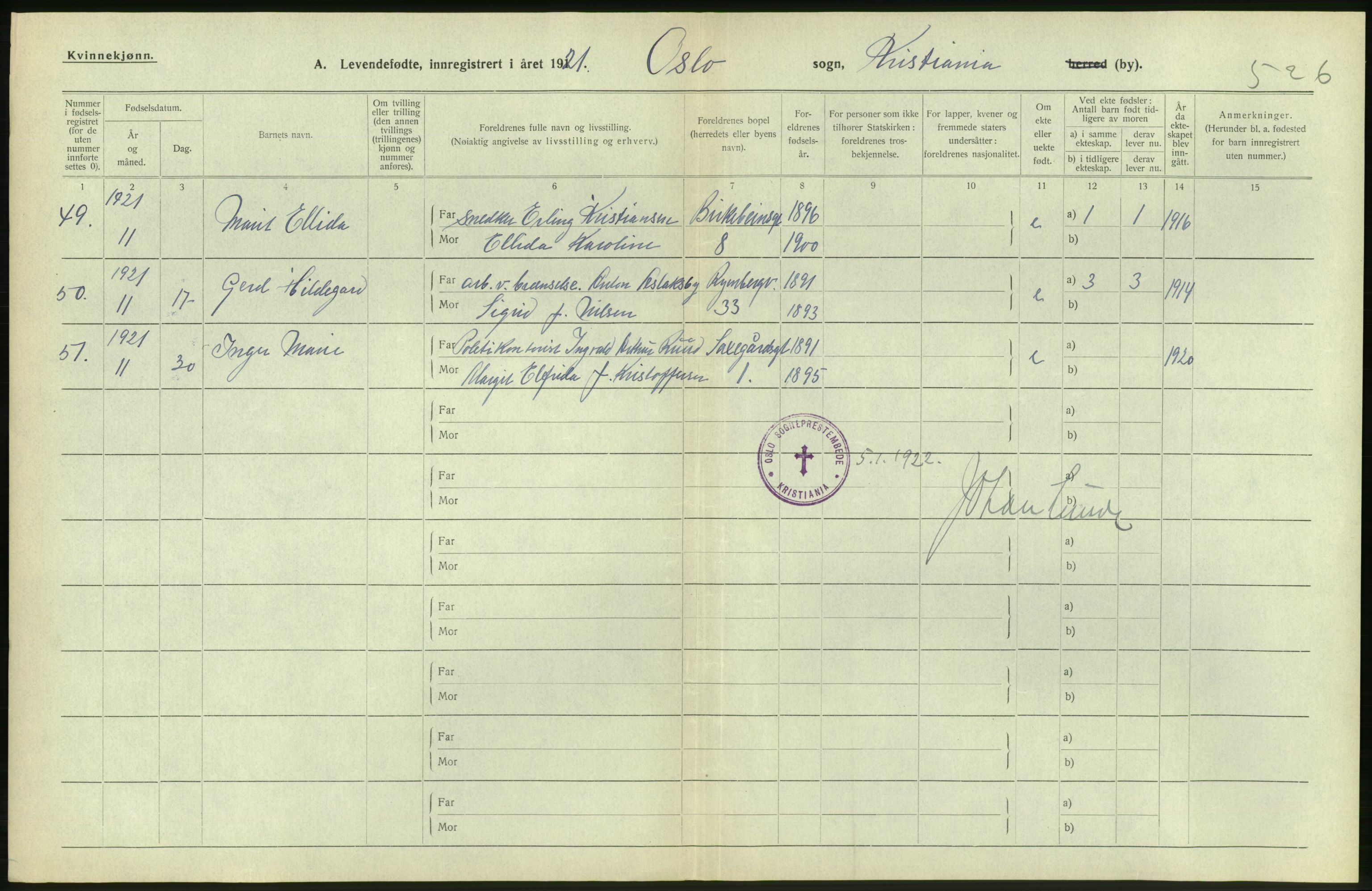 Statistisk sentralbyrå, Sosiodemografiske emner, Befolkning, RA/S-2228/D/Df/Dfc/Dfca/L0009: Kristiania: Levendefødte menn og kvinner., 1921, p. 246