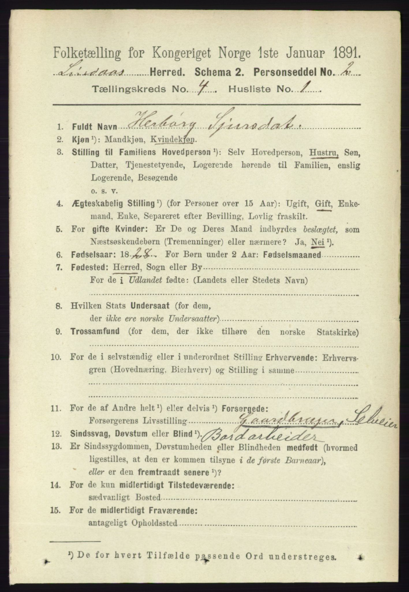 RA, 1891 census for 1263 Lindås, 1891, p. 1128