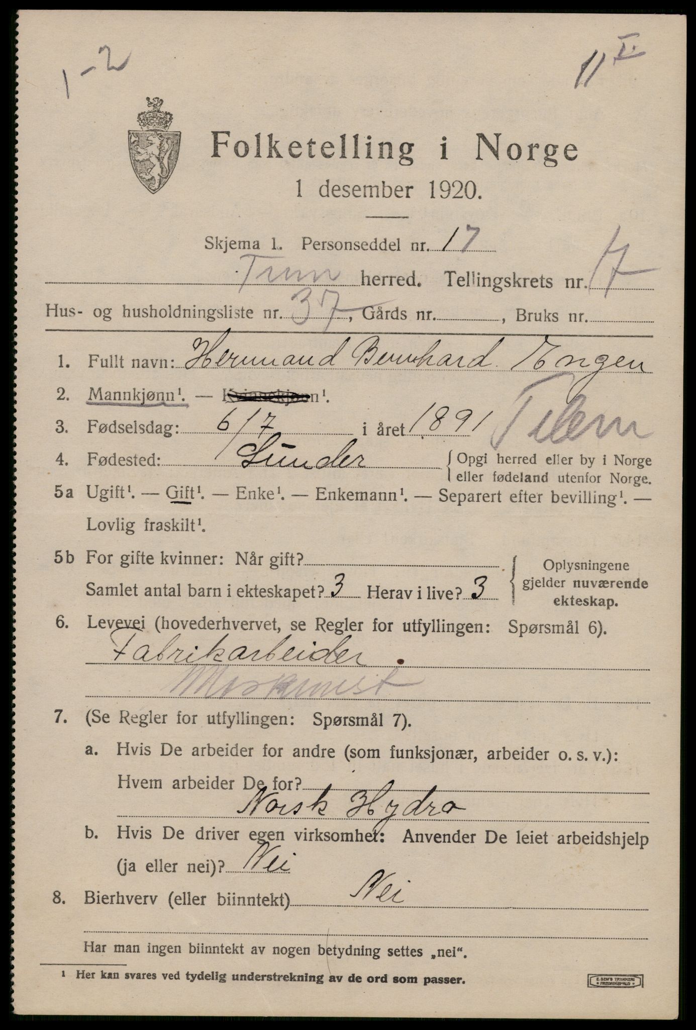 SAKO, 1920 census for Tinn, 1920, p. 19388