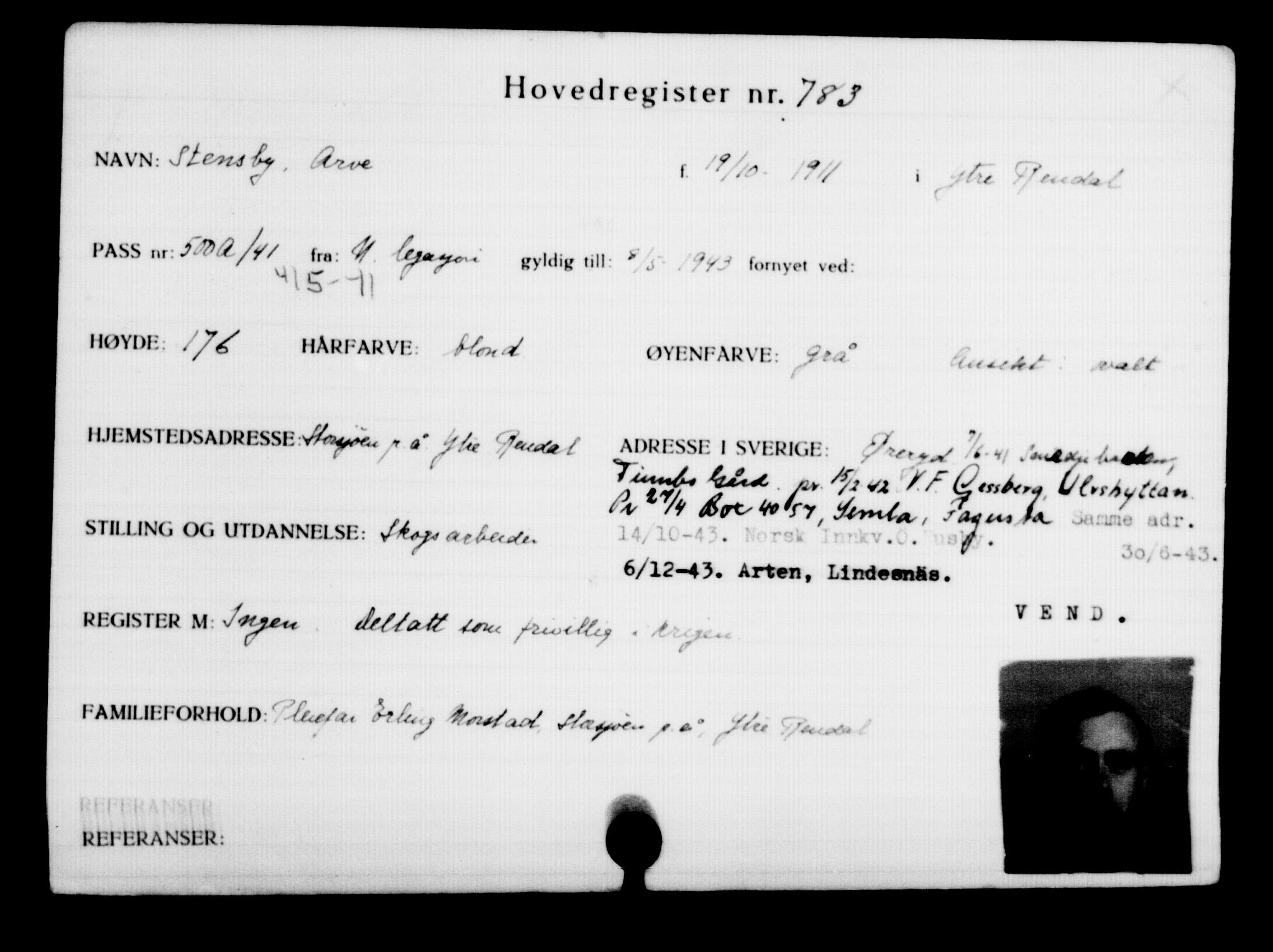 Utenriksstasjonene, Legasjonen i Stockholm, Flyktningkontoret, AV/RA-S-6753/V/Va/L0001: Kjesäterkartoteket, flyktninger med registreringsnr. 1-1000, 1940-1945, p. 1238